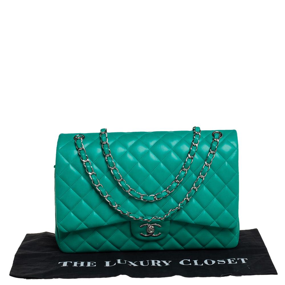 Chanel Green Quilted Leather Maxi Classic Double Flap Bag 4