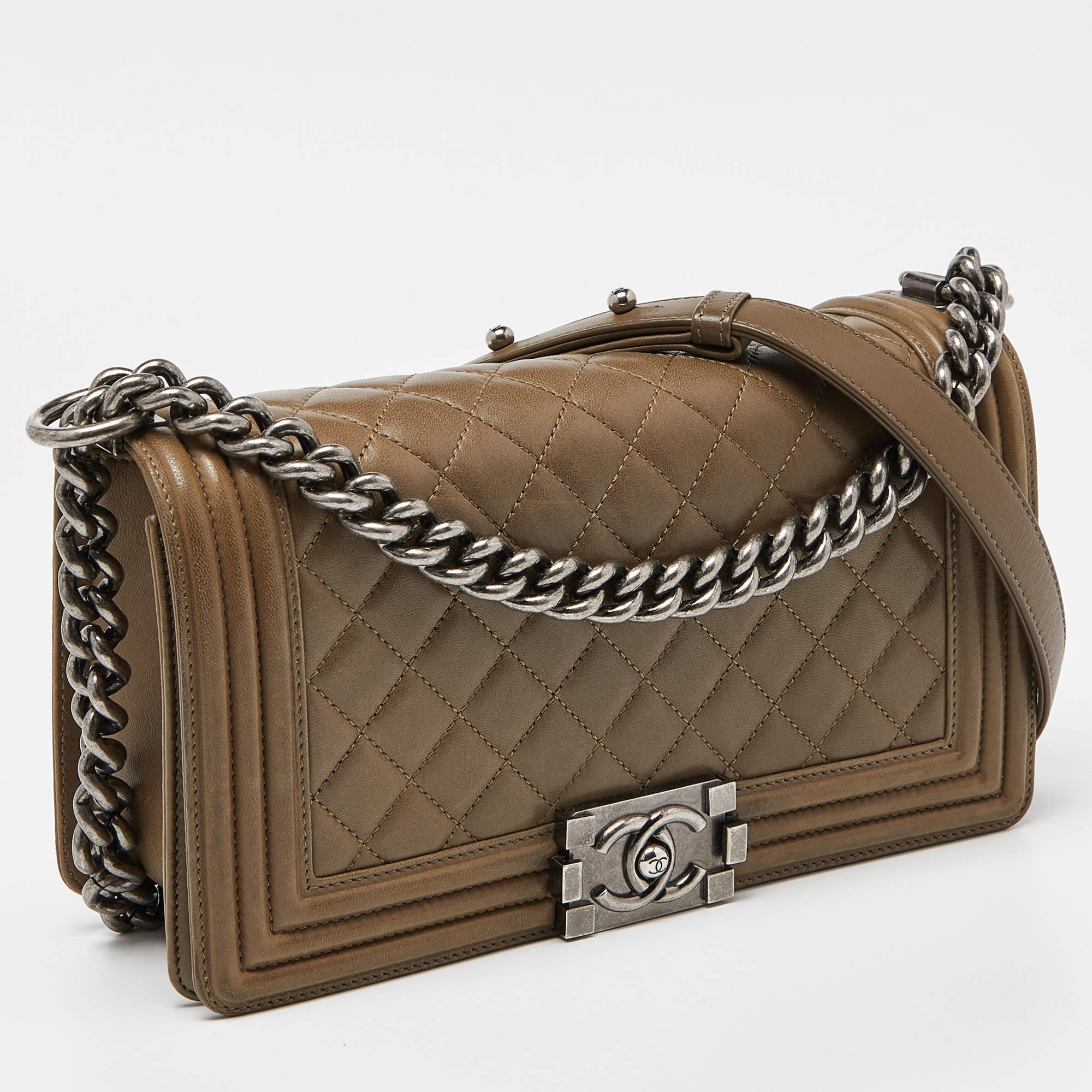 Brown Chanel Green Quilted Leather Medium Boy Flap Bag