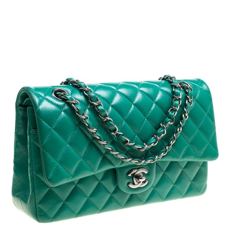 Chanel Green Quilted Leather Medium Classic Double Flap Bag For Sale at