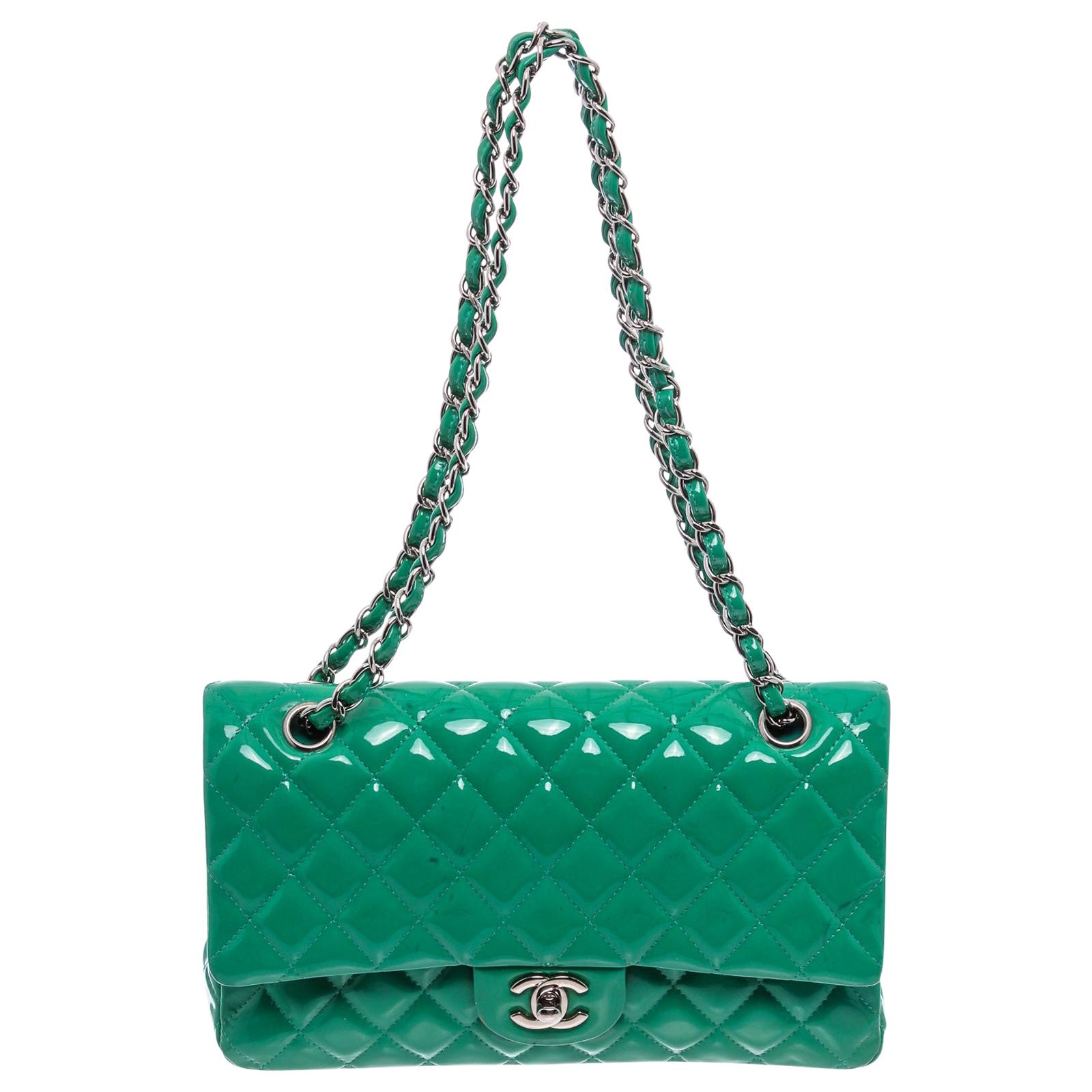 Chanel Green Quilted Patent Leather Classic Medium Double Flap Bag at  1stDibs  chanel green patent bag, green patent leather chanel bag, green  quilted handbag