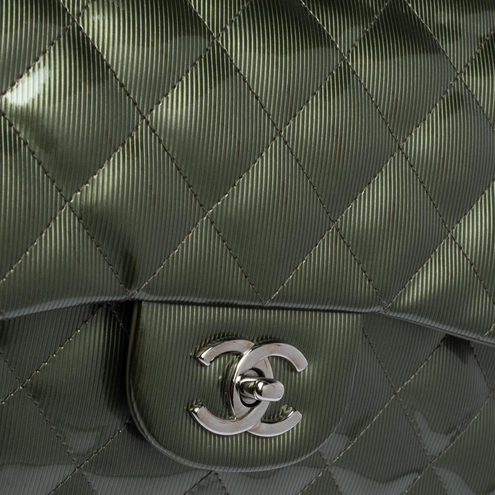Chanel Green Quilted Patent Leather Jumbo Classic Double Flap Bag 2