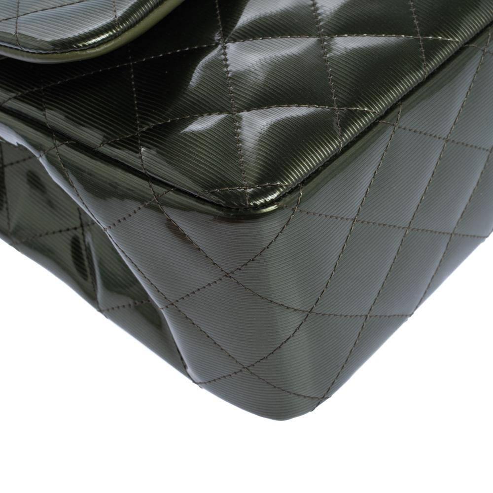 Chanel Green Quilted Patent Leather Jumbo Classic Double Flap Bag 3