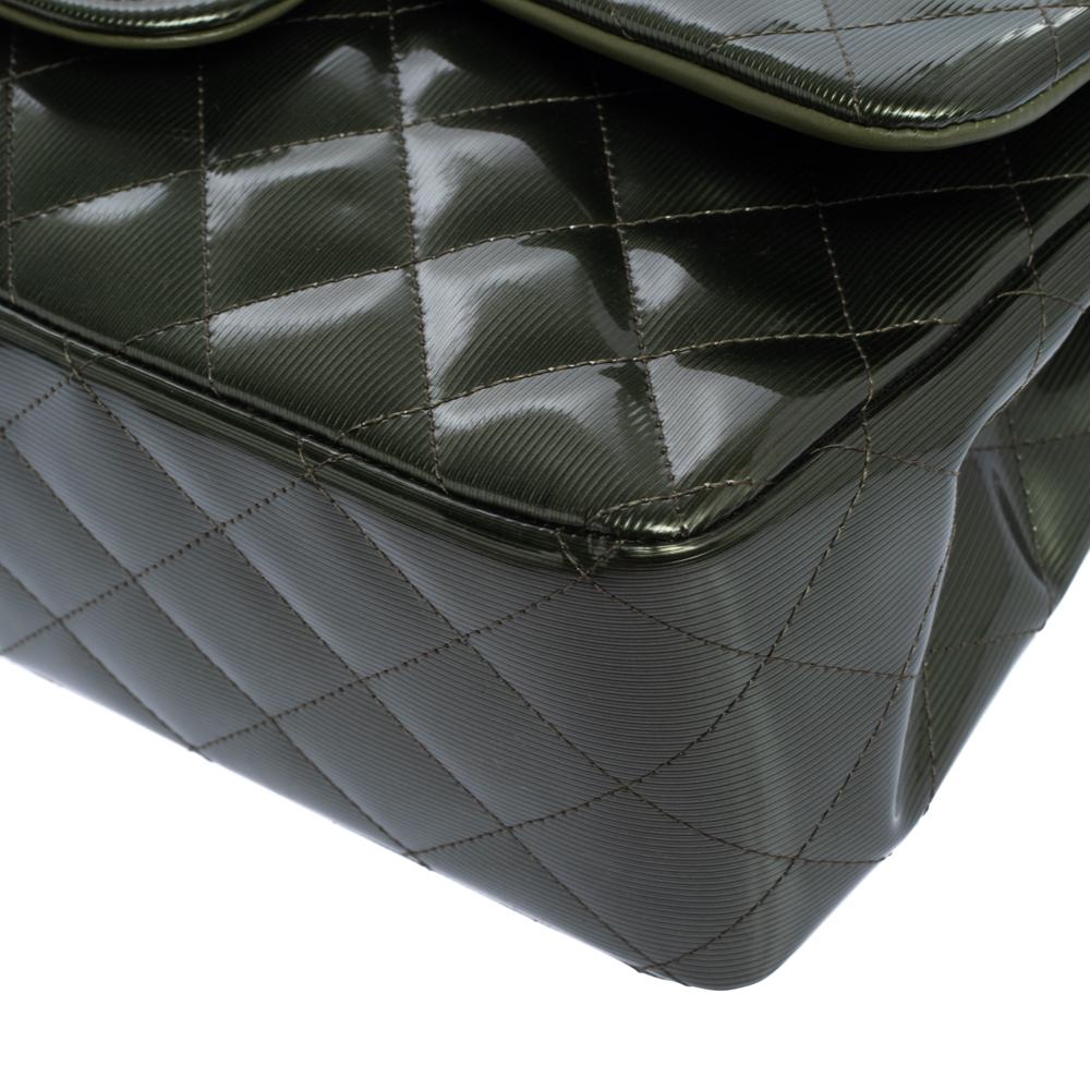 Chanel Green Quilted Patent Leather Jumbo Classic Double Flap Bag 1