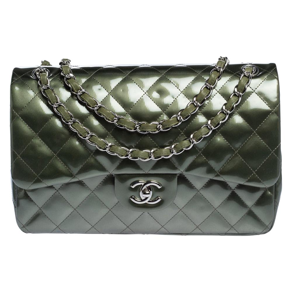 Chanel Green Quilted Patent Leather Jumbo Classic Double Flap Bag
