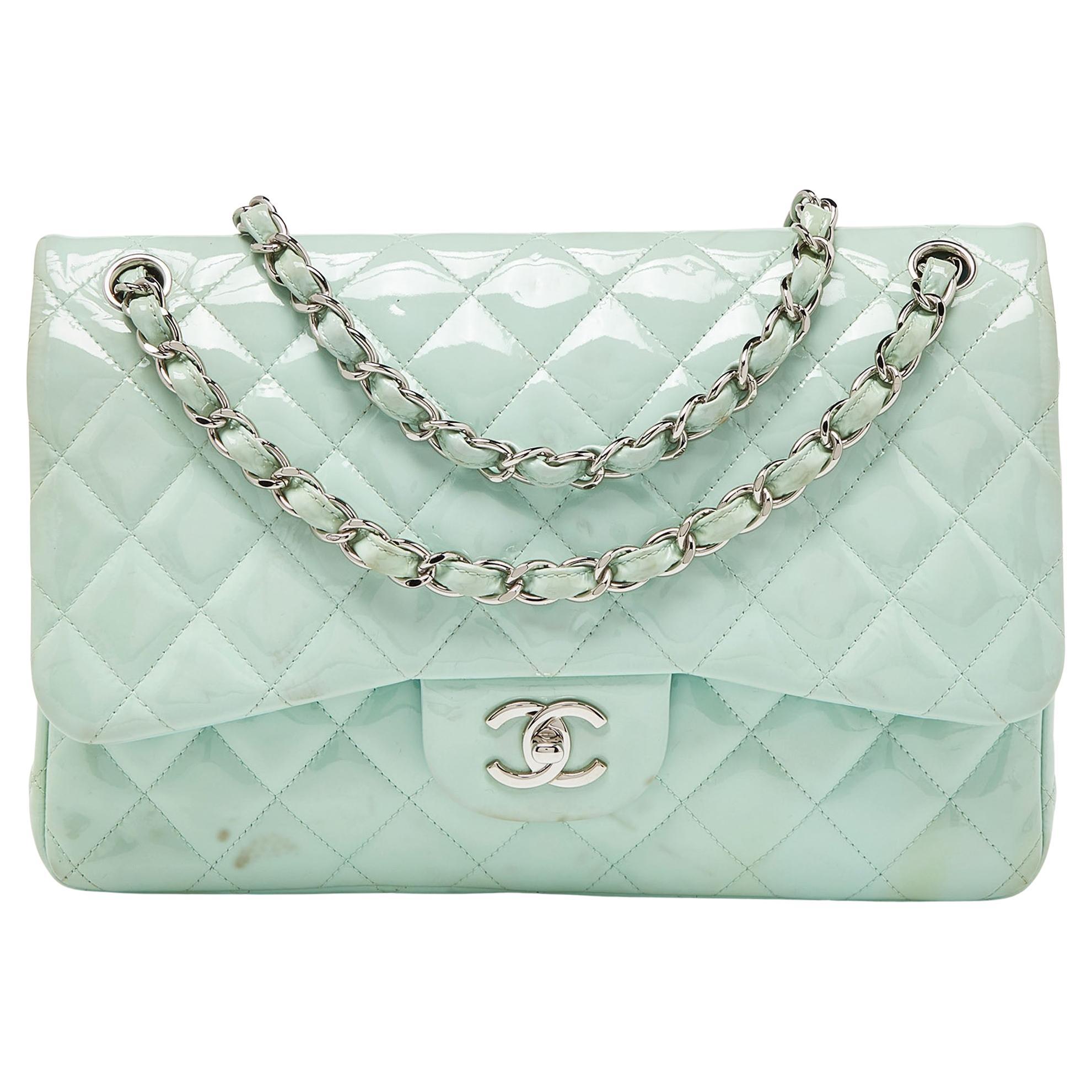 Chanel Green Quilted Patent Leather Jumbo Classic Double Flap Bag For Sale