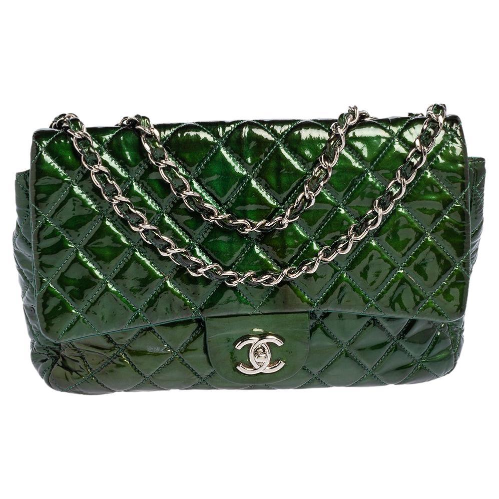 Chanel Green Quilted Patent Leather Jumbo Classic Single Flap Bag at ...