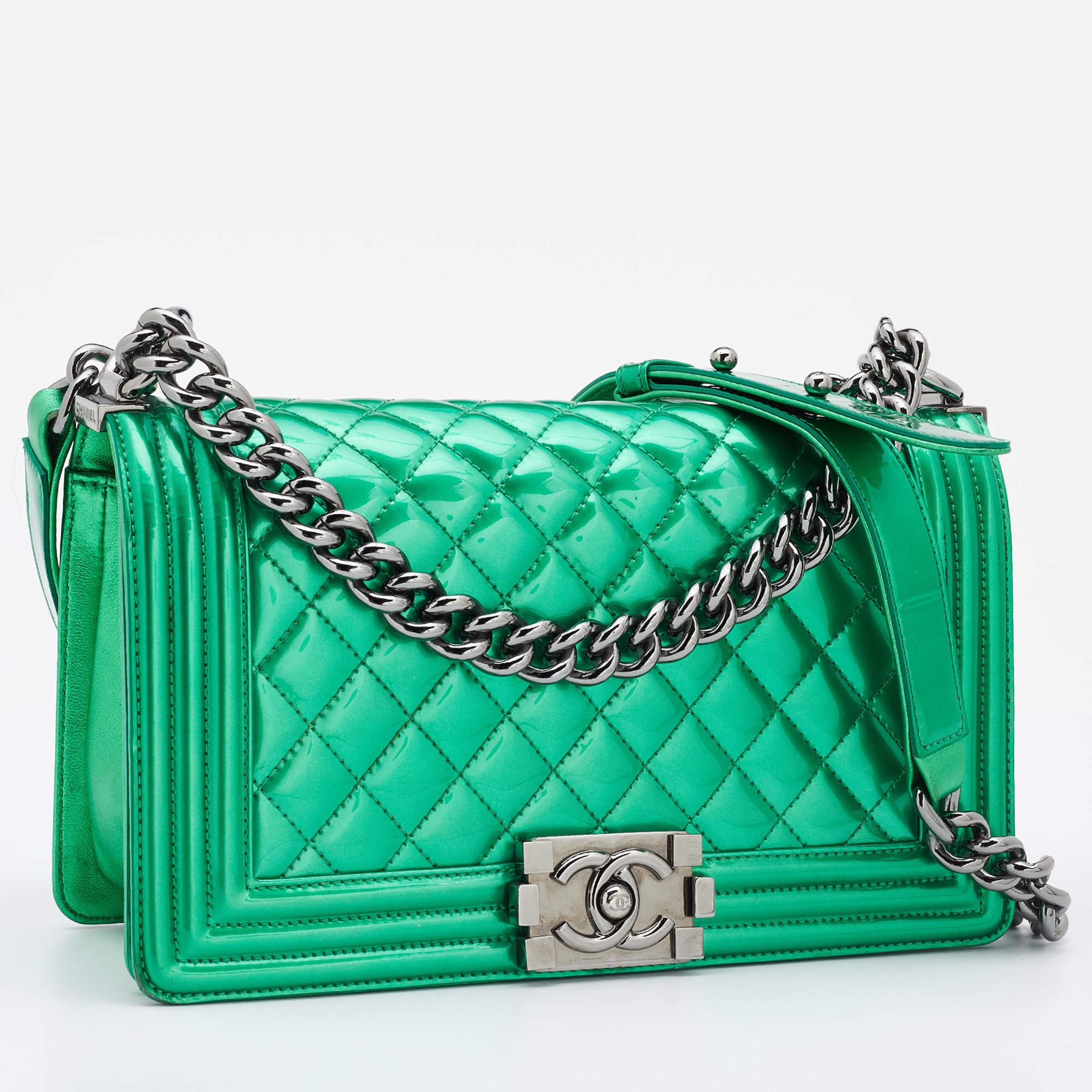 Women's Chanel Green Quilted Patent Leather Medium Boy Flap Bag