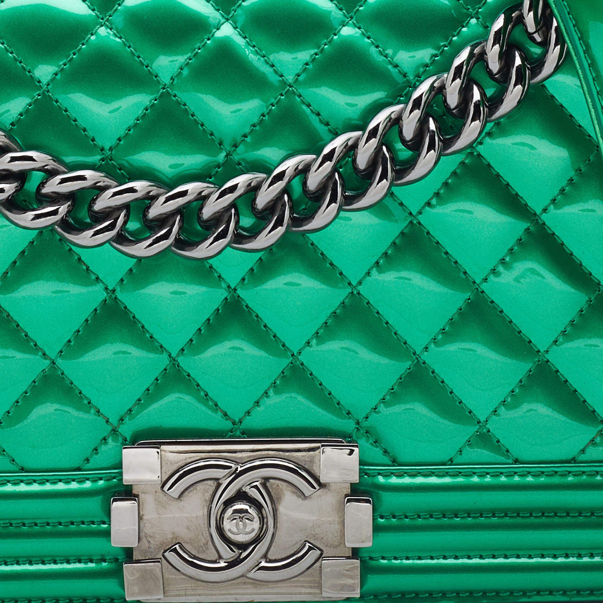 Chanel Green Quilted Patent Leather Medium Boy Flap Bag 5