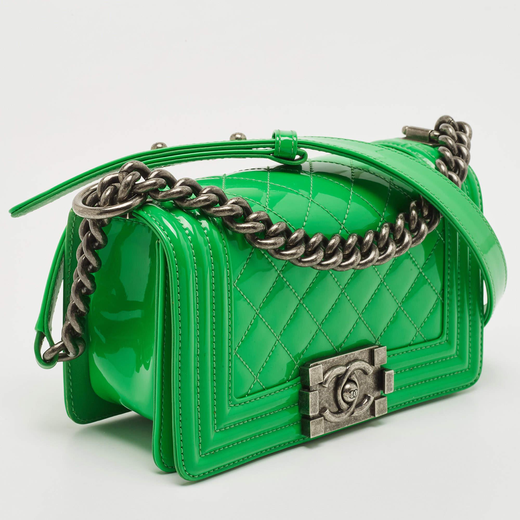 Women's Chanel Green Quilted Patent Leather Small Boy Bag