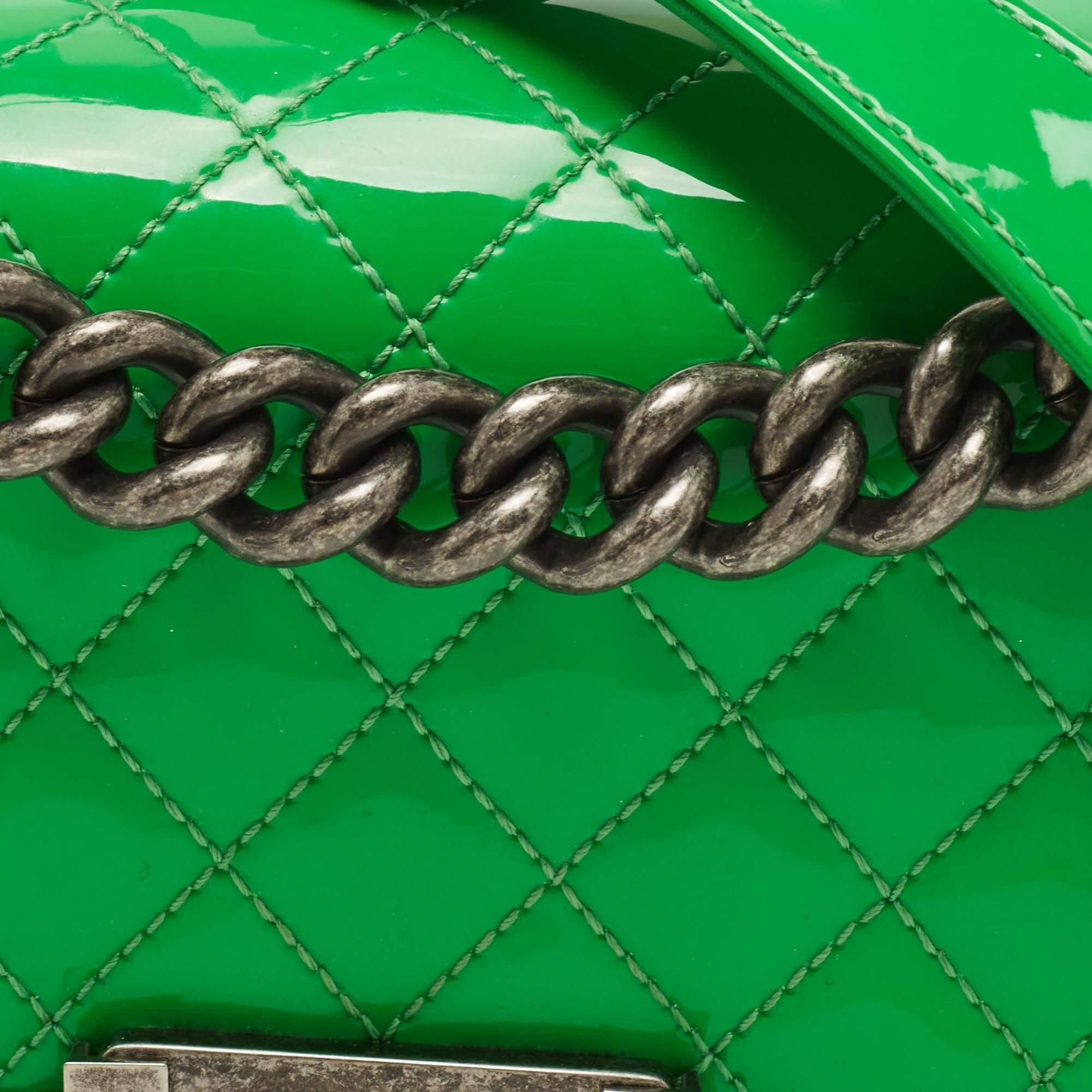 Chanel Green Quilted Patent Leather Small Boy Bag 3