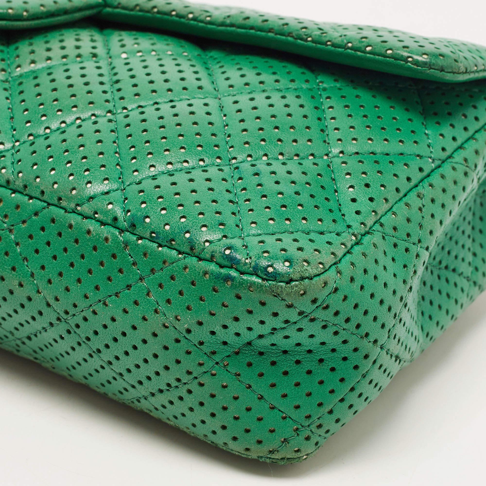 Chanel Green Quilted Perforated Leather East/West Classic Flap Bag 6