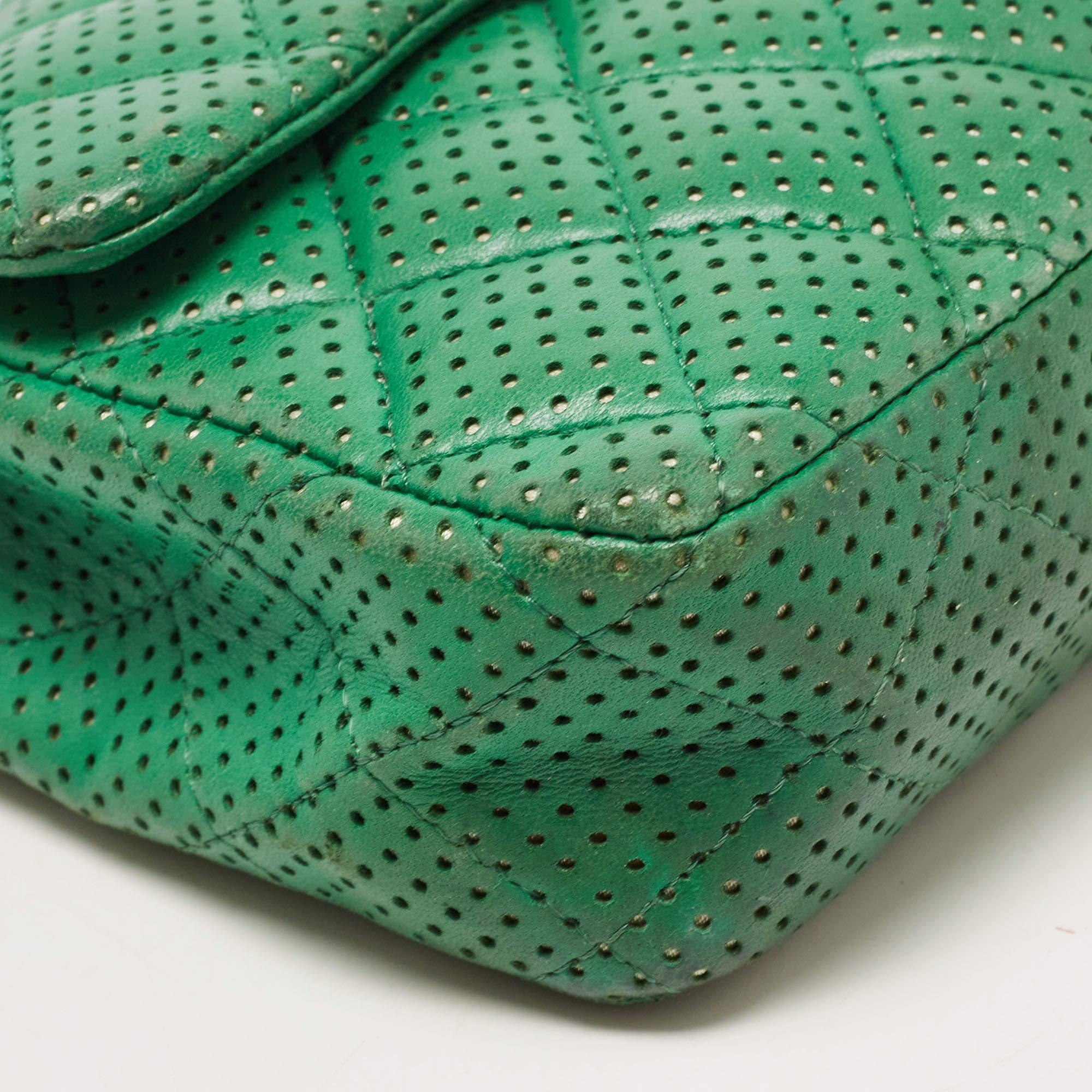 Chanel Green Quilted Perforated Leather East/West Classic Flap Bag 7