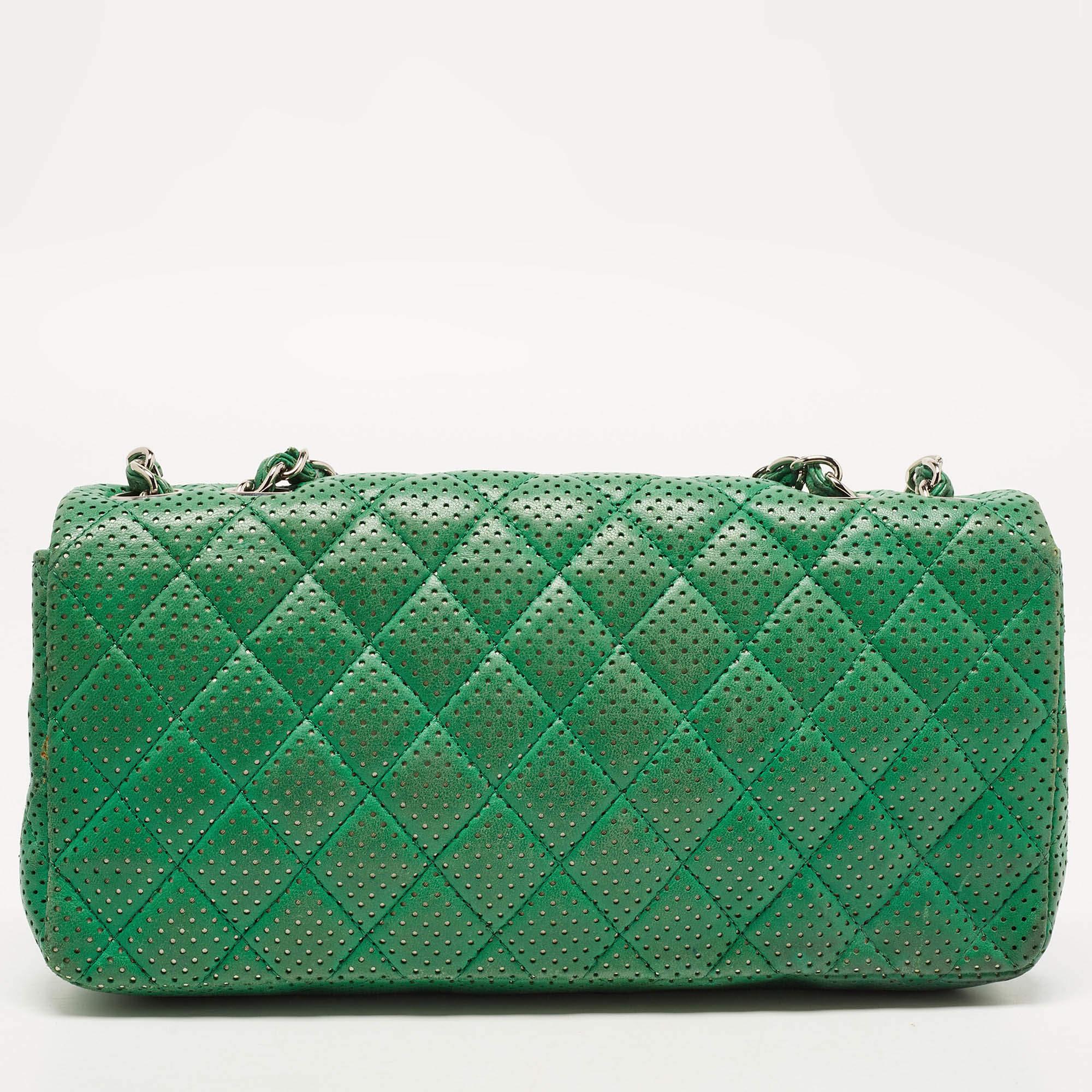 Chanel Green Quilted Perforated Leather East/West Classic Flap Bag 8