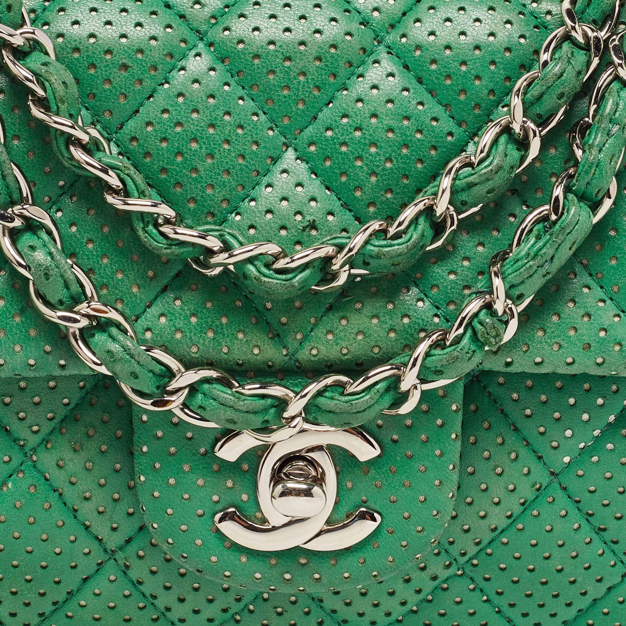 Chanel Green Quilted Perforated Leather East/West Classic Flap Bag 9
