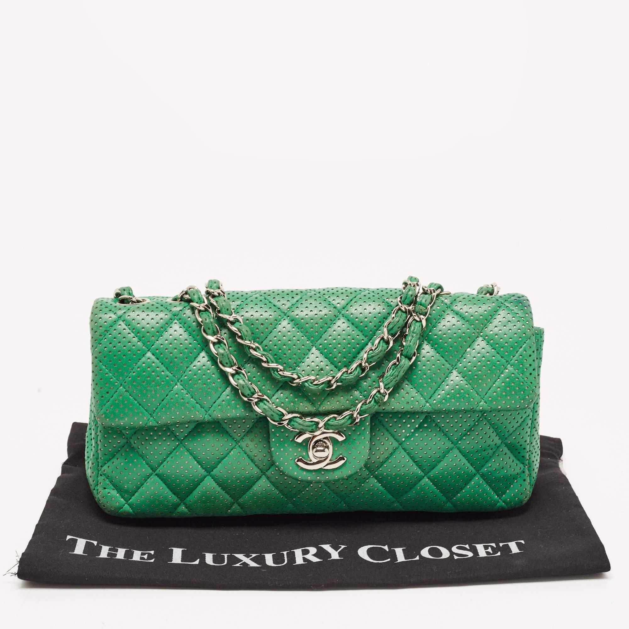 Chanel Green Quilted Perforated Leather East/West Classic Flap Bag 13