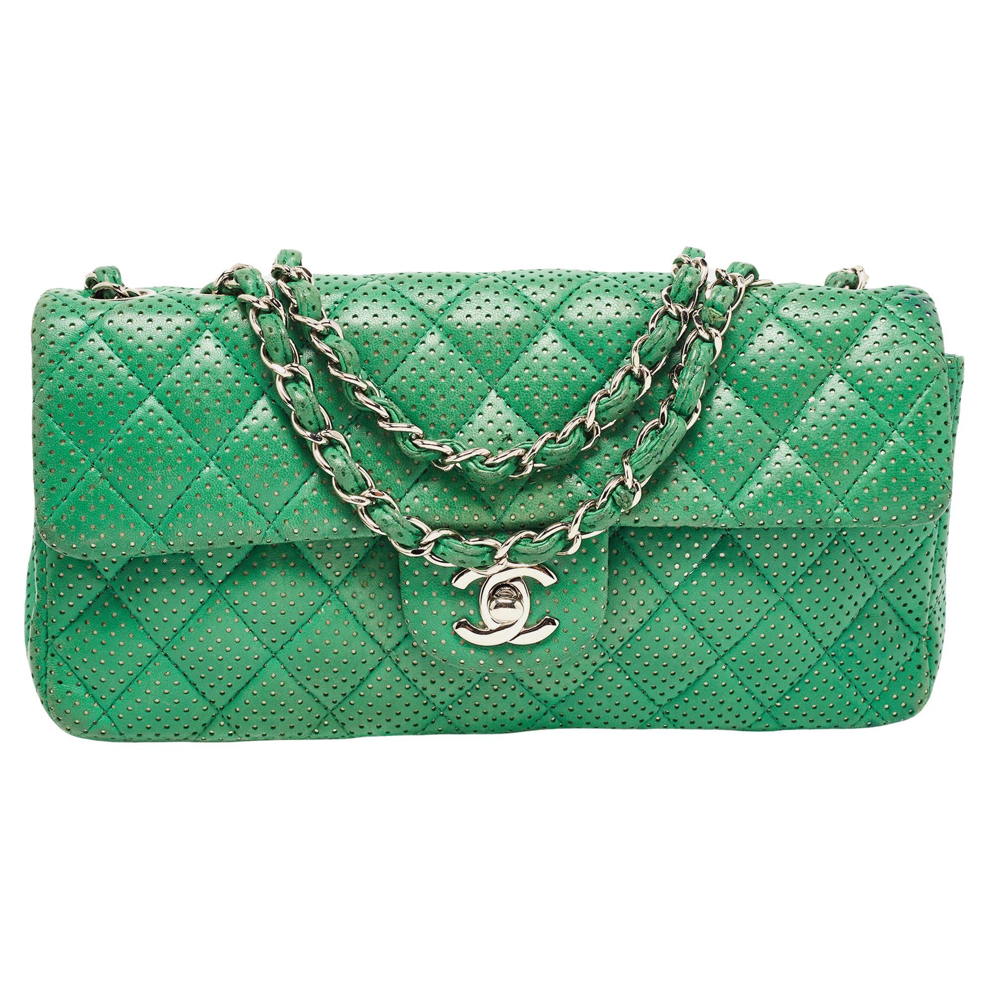 Chanel Green Perforated Lambskin Leather East West Flap Bag with