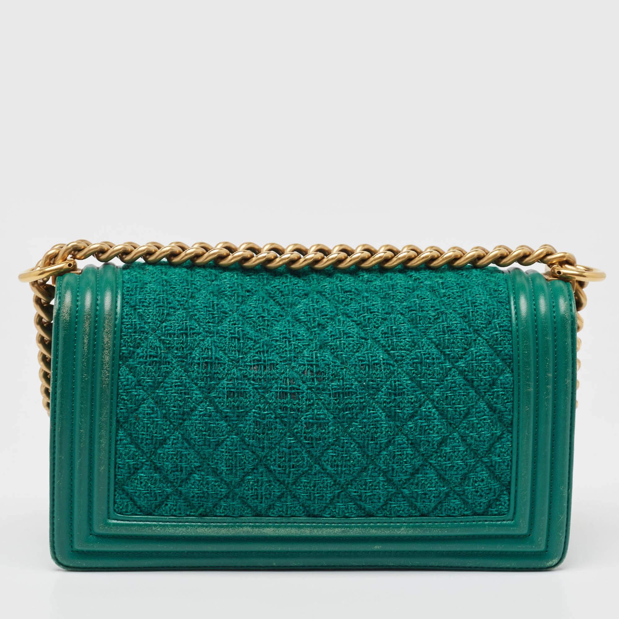 Women's Chanel Green Quilted Tweed and Leather Medium Boy Flap Bag