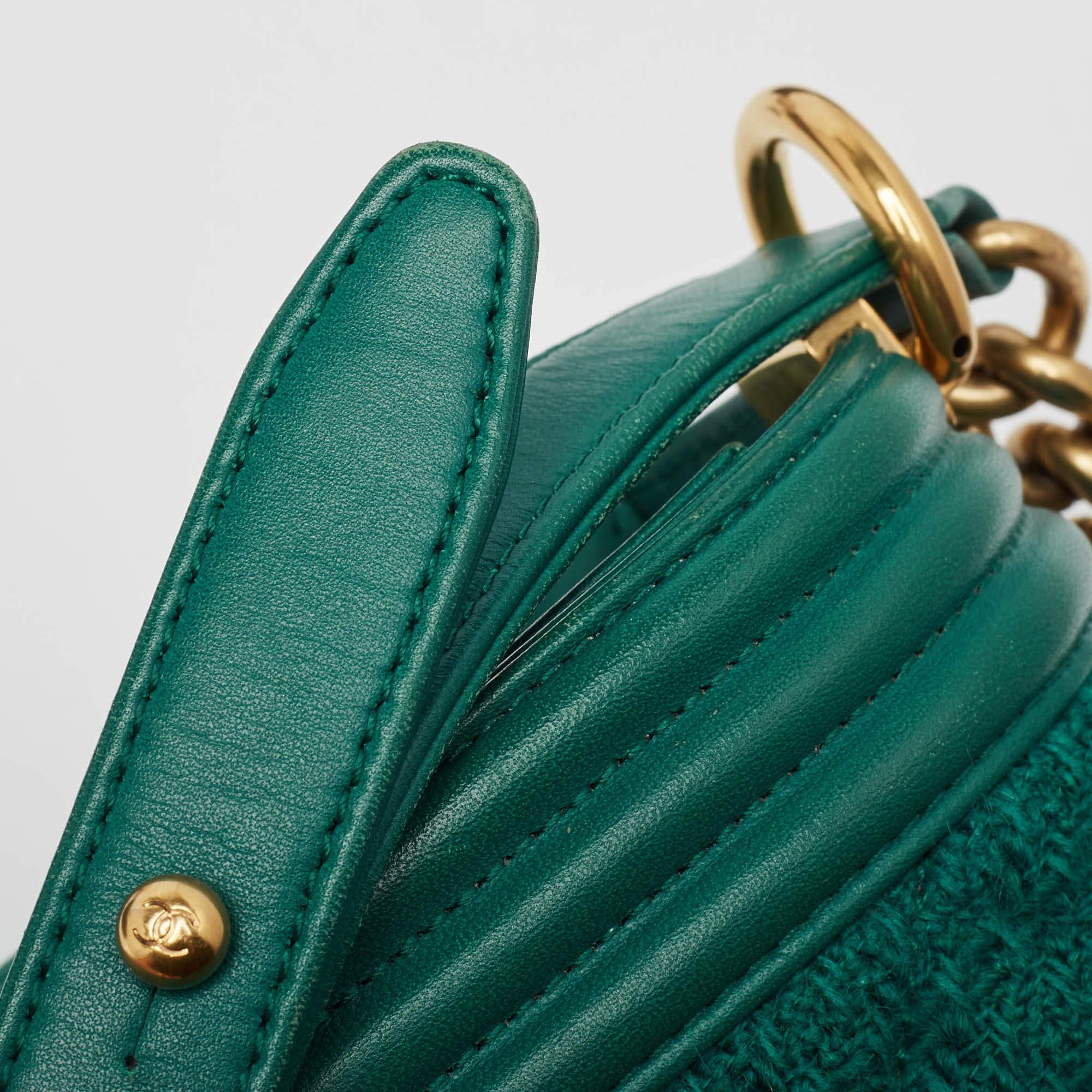 Chanel Green Quilted Tweed and Leather Medium Boy Flap Bag 4