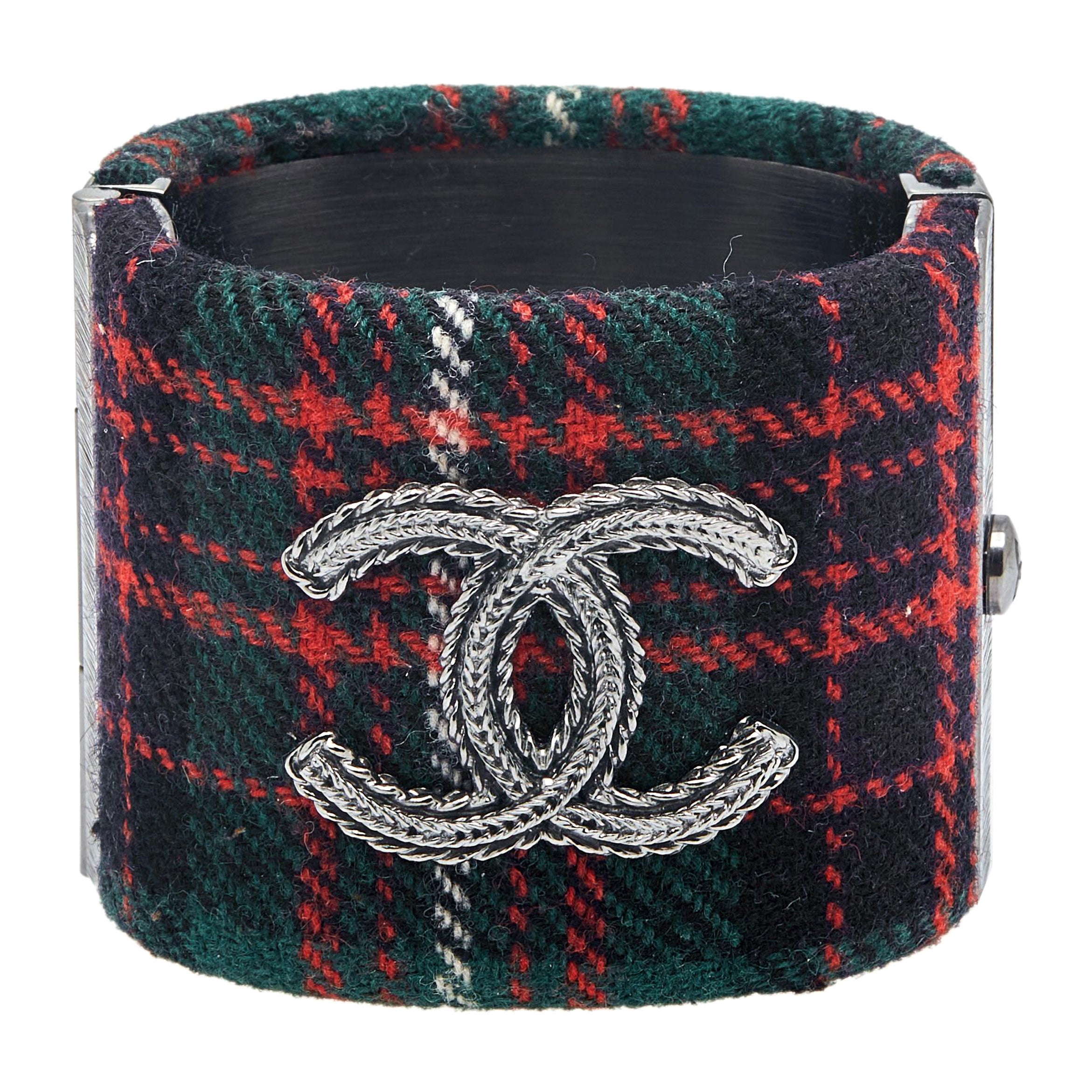 Chanel Green 
Red Tartan Check CC Wide Cuff Bracelet