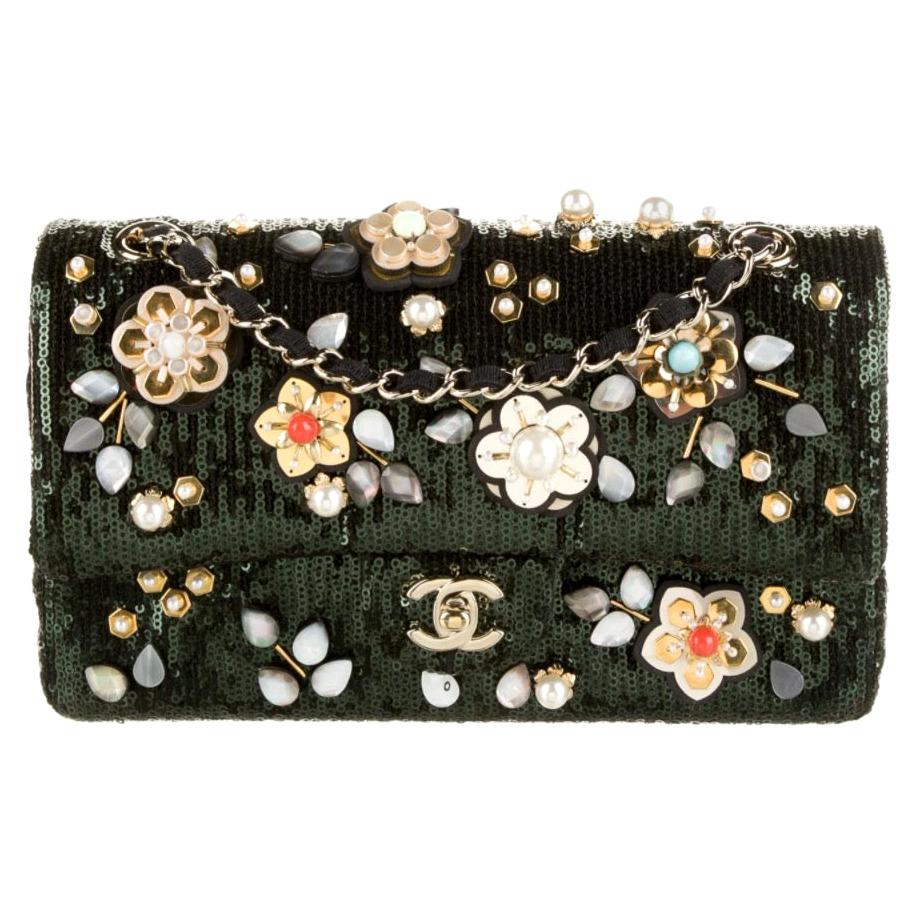 Chanel Green Sequin Bead Embroidery Flower Evening Medium Shoulder Flap Bag