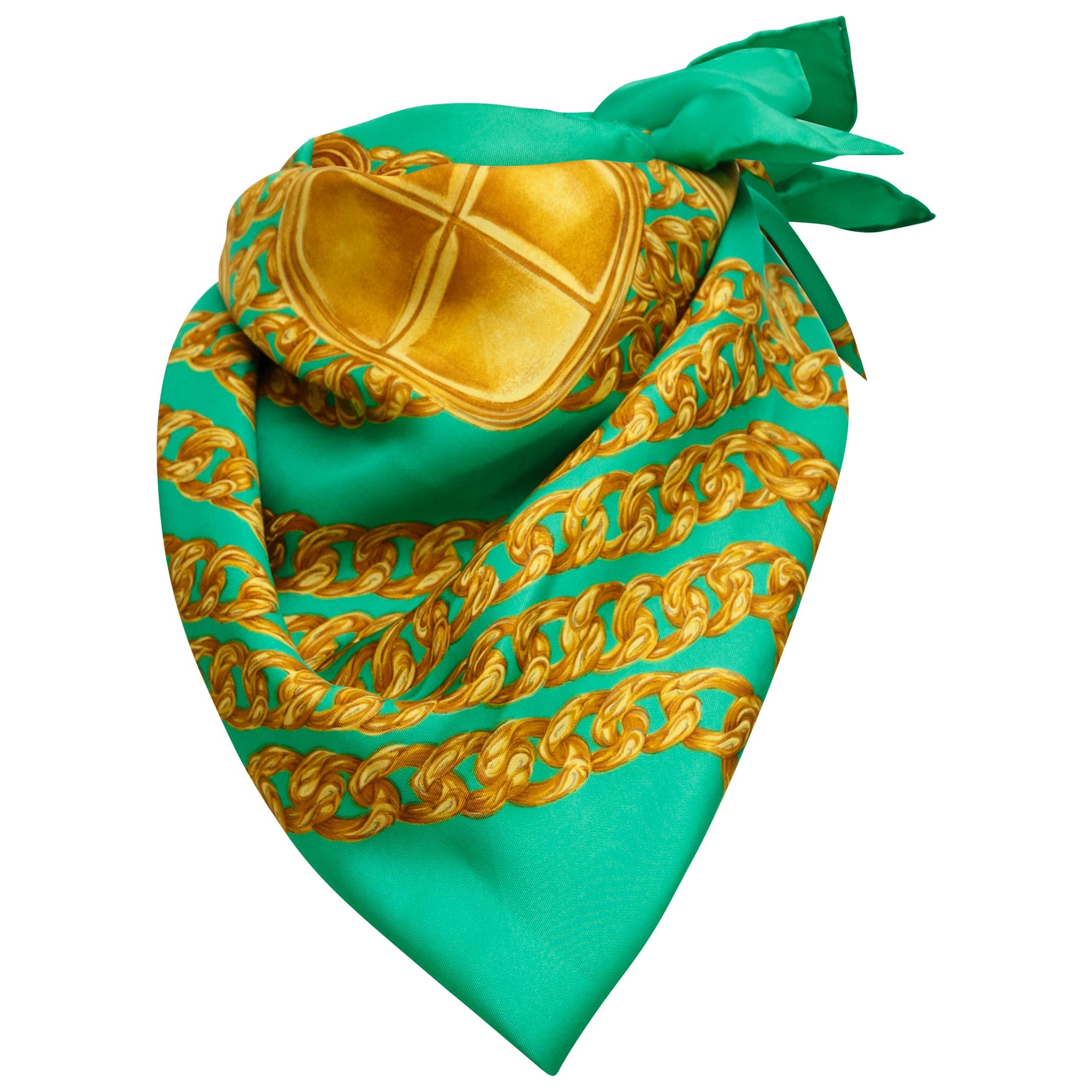 Chanel Green Silk Gold Link Printed Scarf