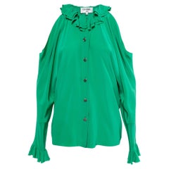 Chanel Green Silk Ruffle Trimmed Cold Shoulder Button Front Blouse S
