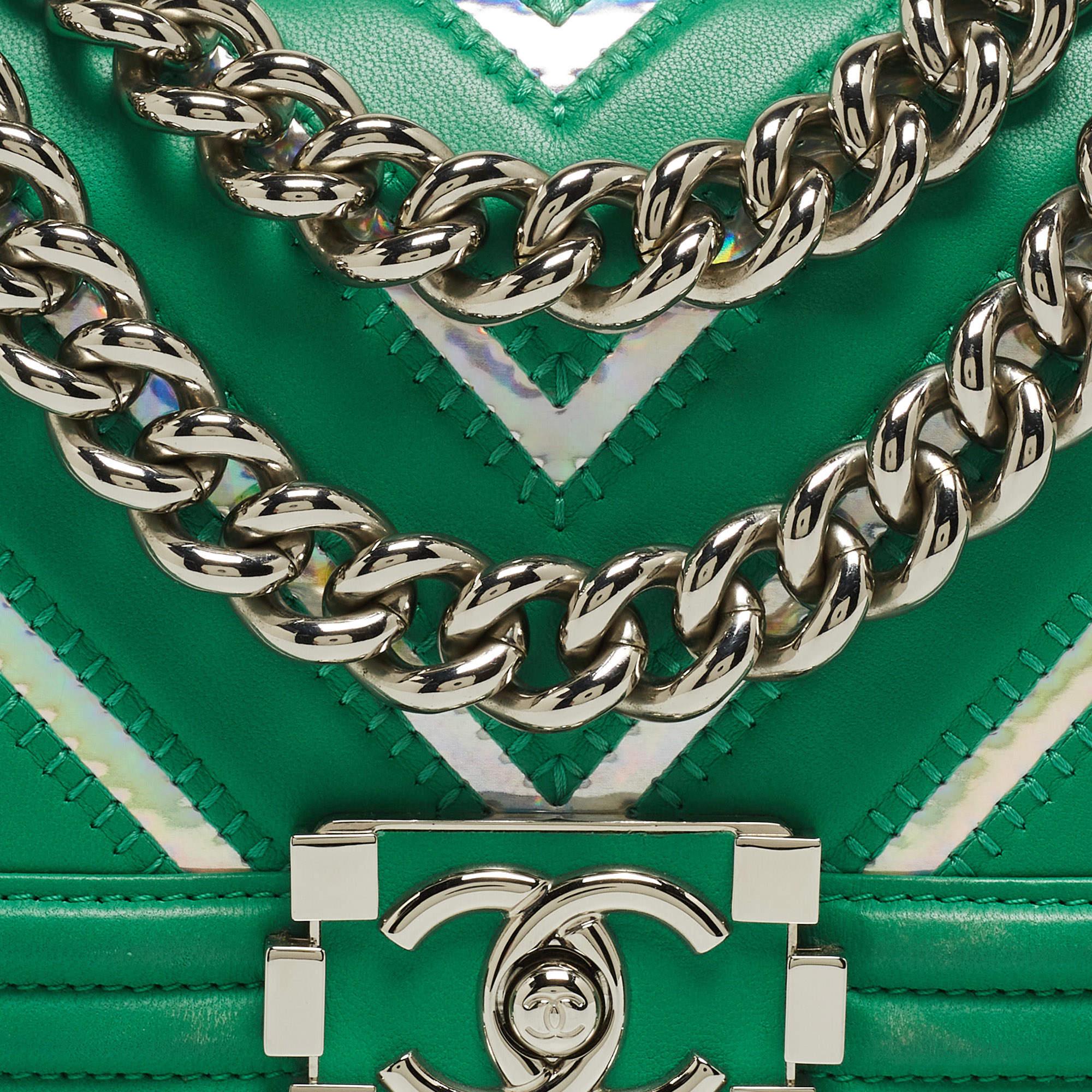 Chanel Green Small Iridescent Chevron Boy Bag For Sale 2