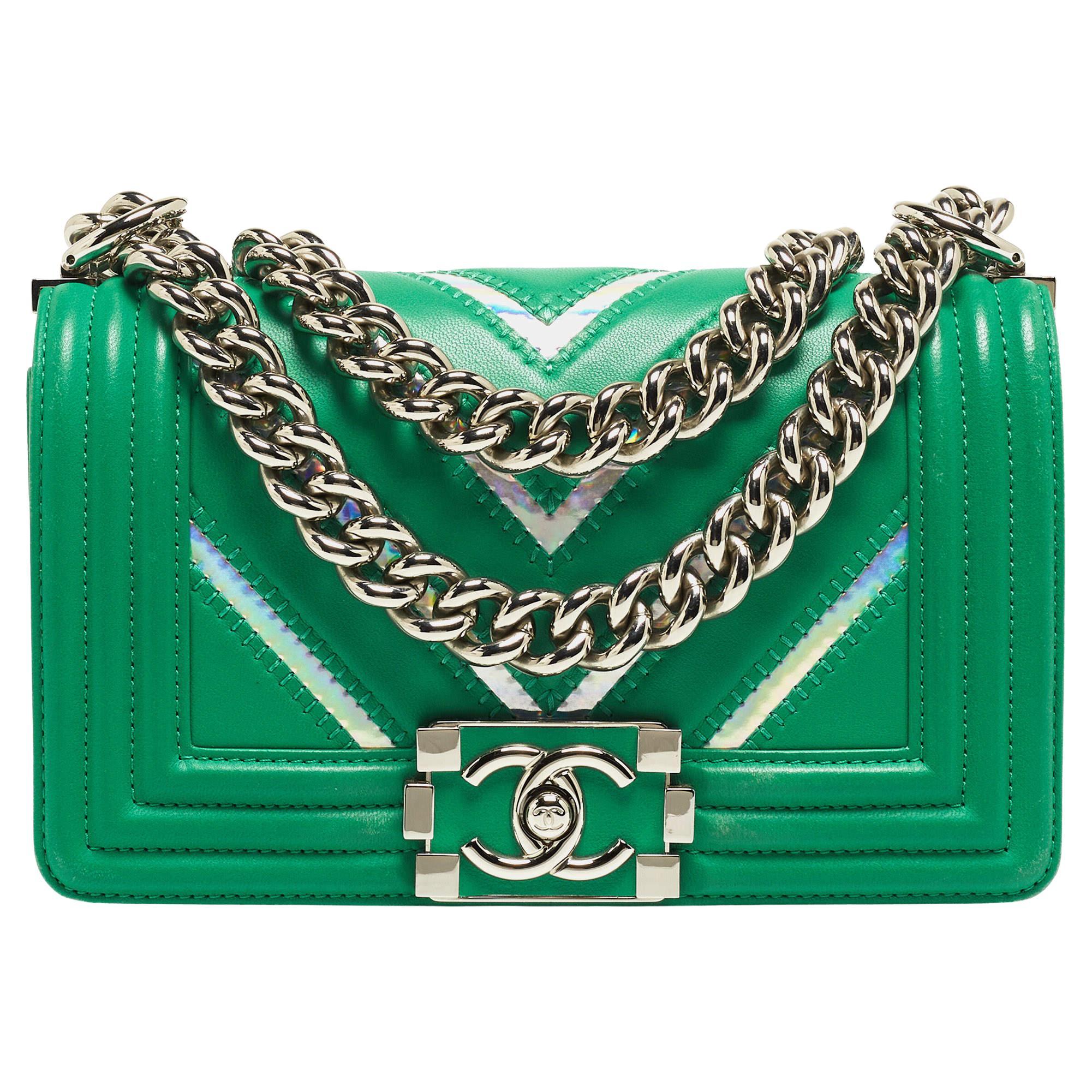 Chanel Green Small Iridescent Chevron Boy Bag For Sale