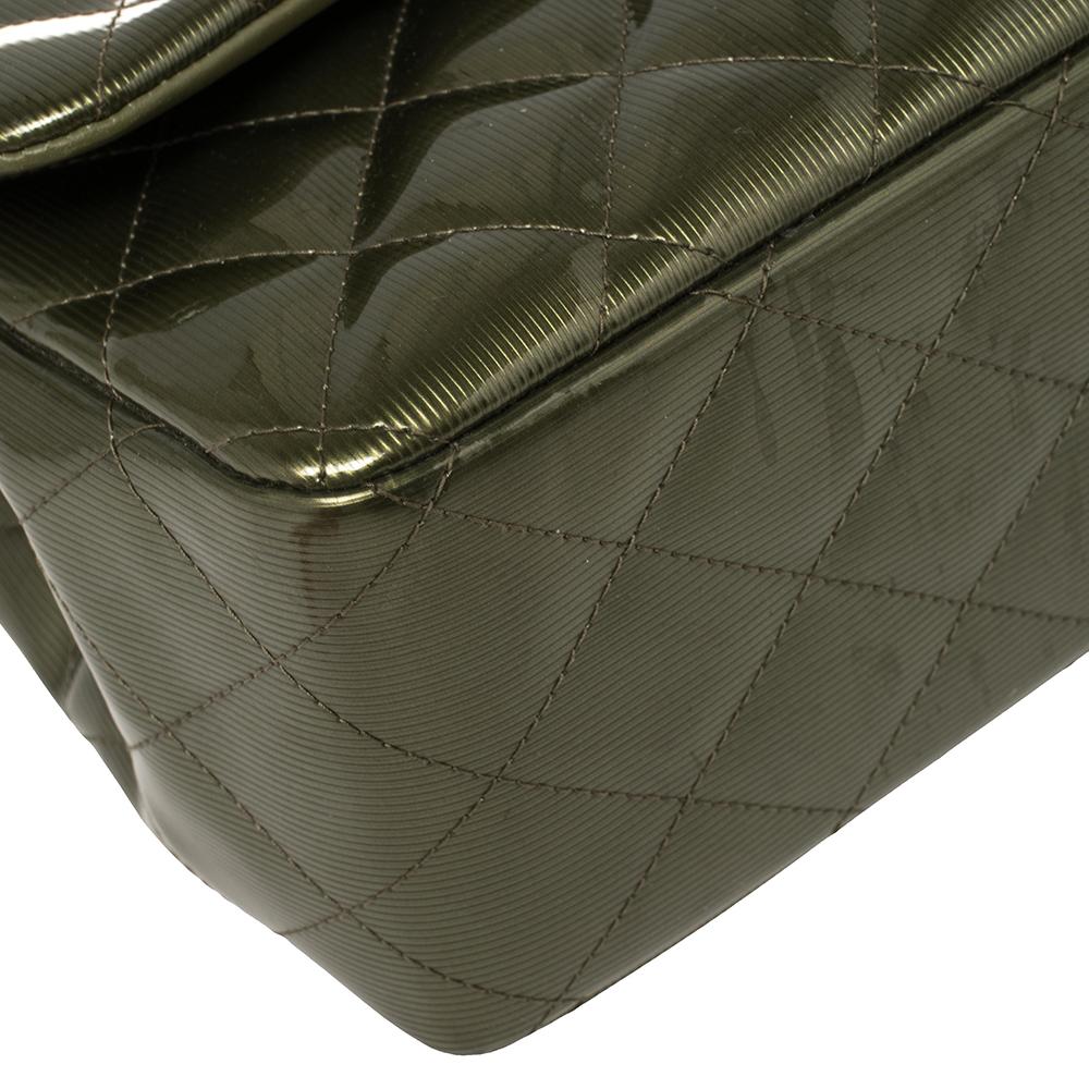 Chanel Green Striated Quilted Patent Leather Classic Jumbo Double Flap Bag 5