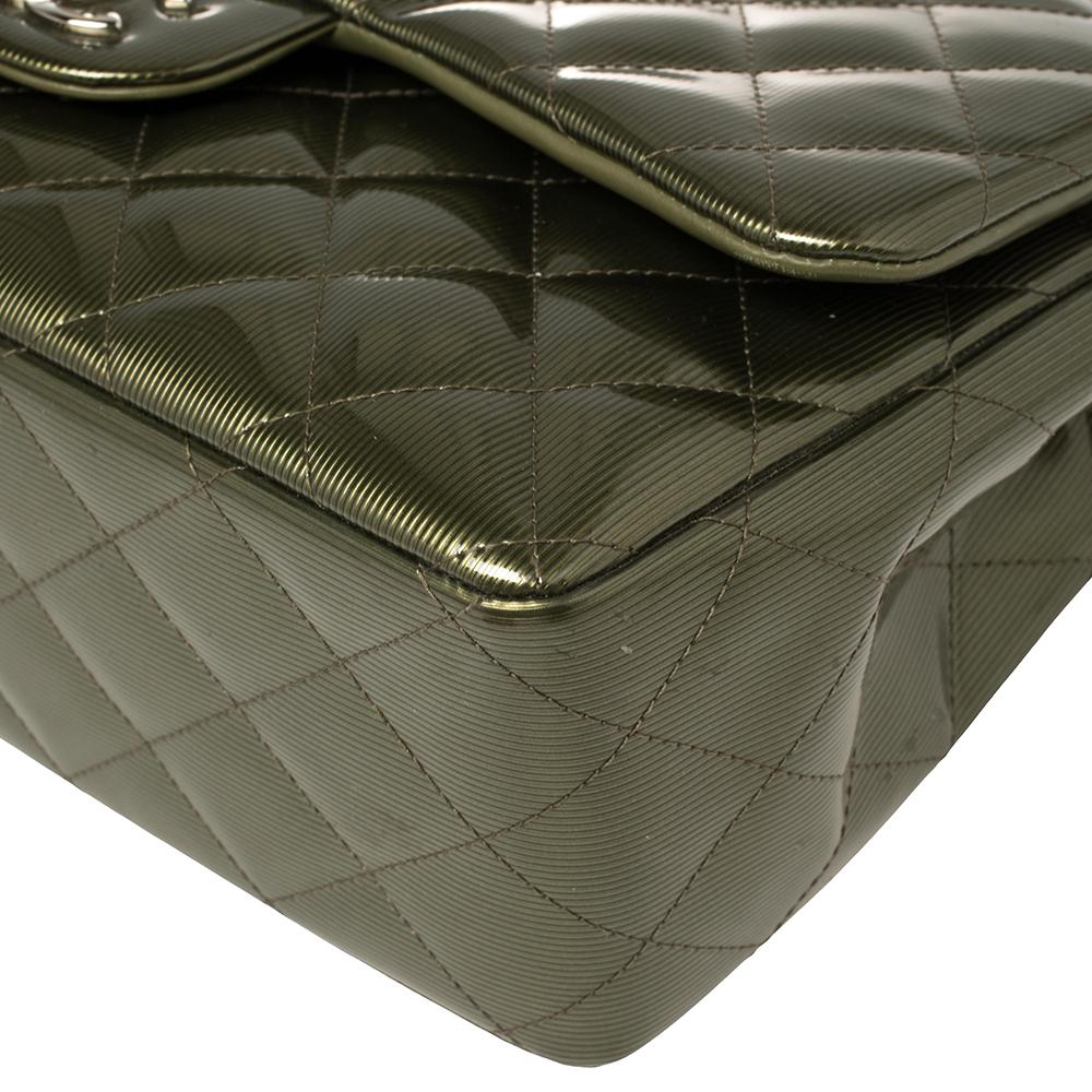 Chanel Green Striated Quilted Patent Leather Classic Jumbo Double Flap Bag 6