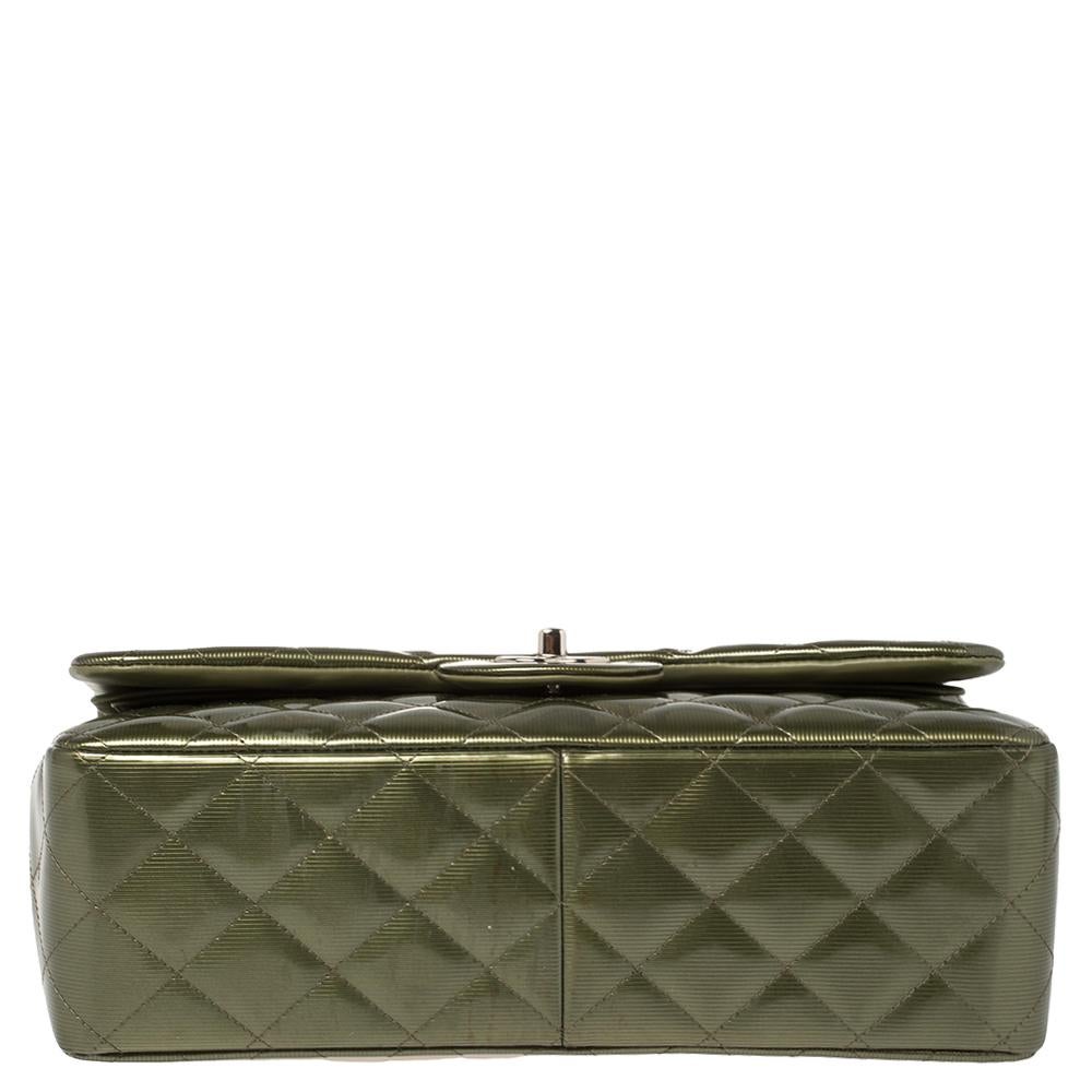 Women's Chanel Green Striated Quilted Patent Leather Classic Jumbo Double Flap Bag