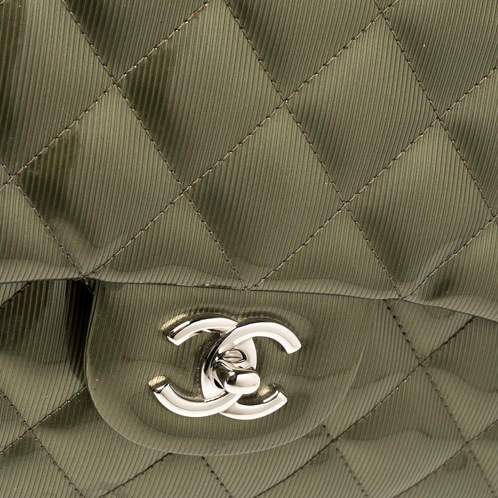 Chanel Green Striated Quilted Patent Leather Classic Jumbo Double Flap Bag 2