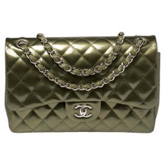 Chanel Green Striated Quilted Patent Leather Classic Jumbo Double Flap Bag