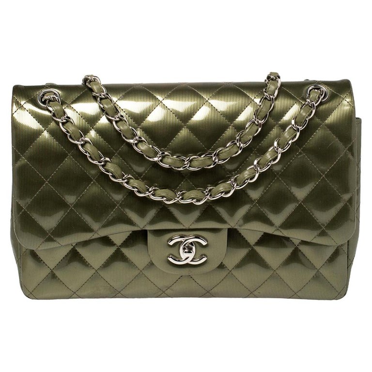 Chanel Green Striated Quilted Patent Leather Classic Jumbo Double