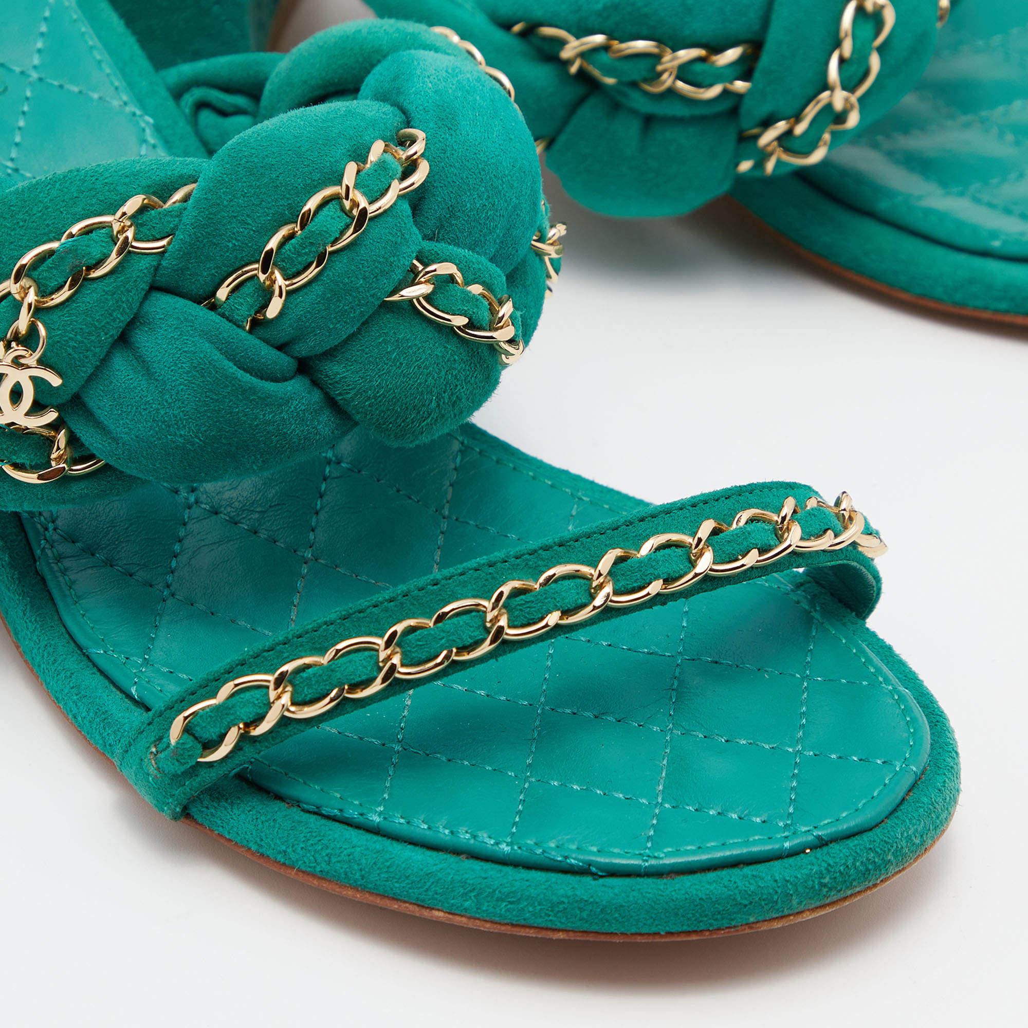 Chanel Green Suede Chain Embellished Flat Slide Sandals Size 38.5 1