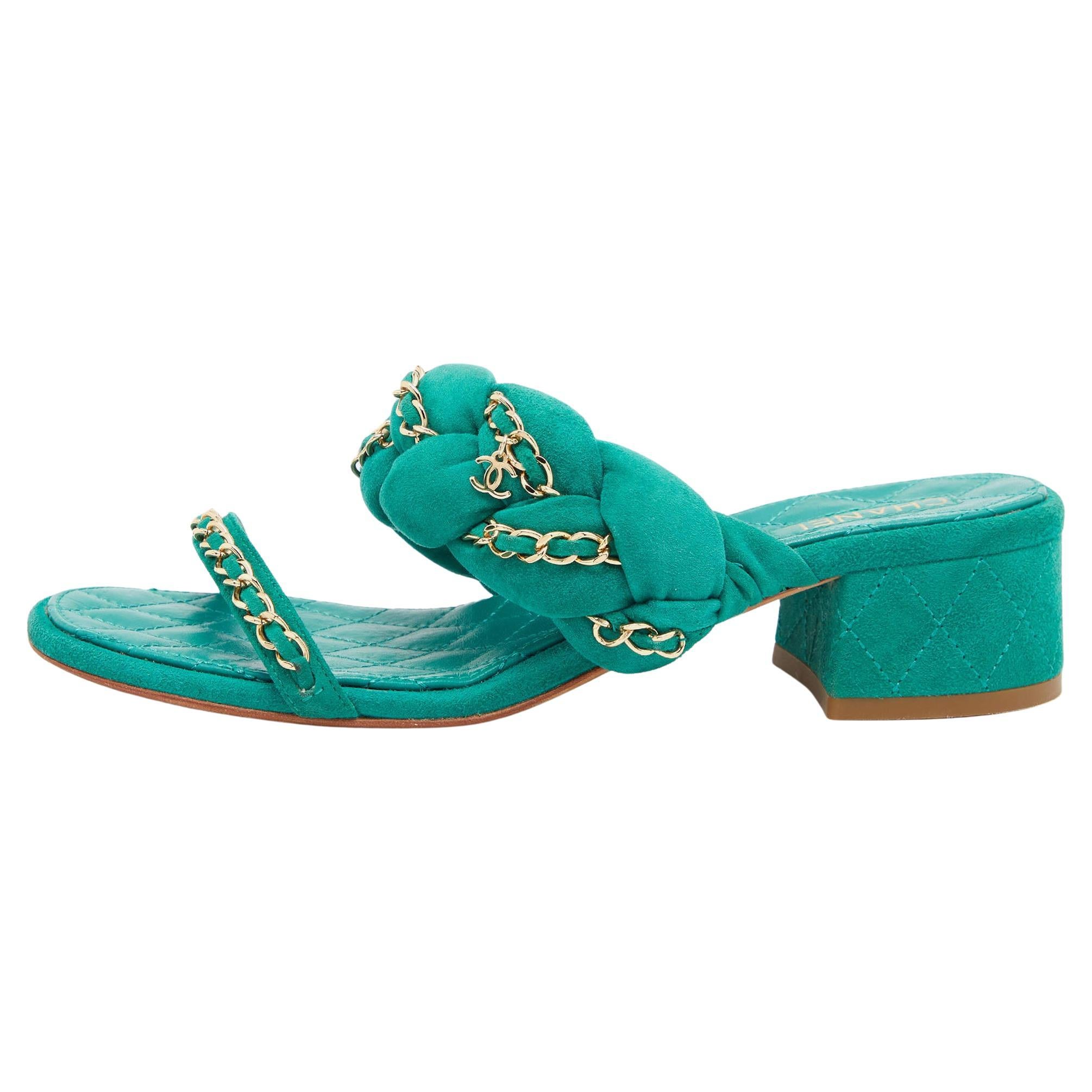 Chanel Green Suede Chain Embellished Flat Slide Sandals Size