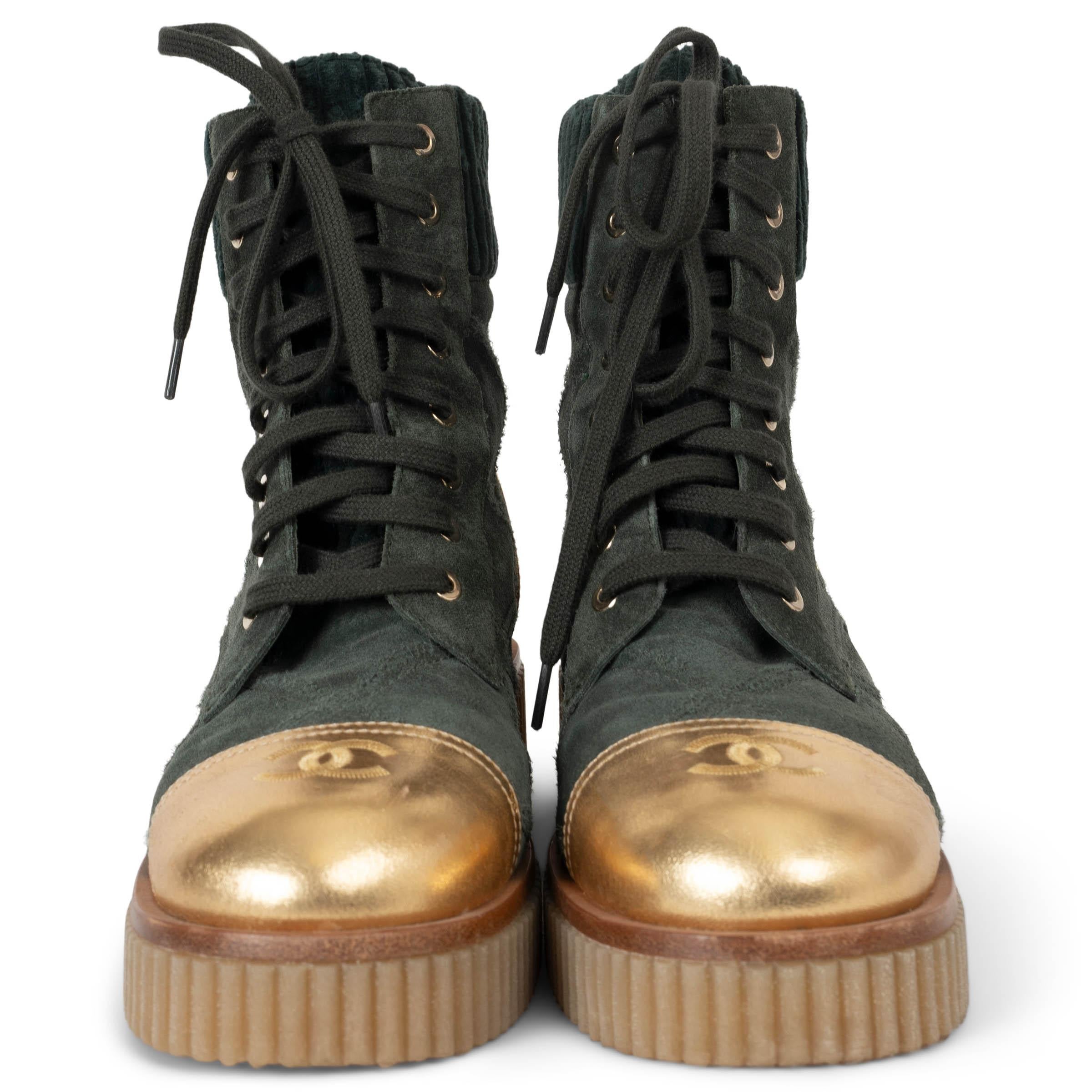 These 100% authentic Chanel 2020 Forest Green Quilted Suede Combat Boots are a stylish blend of luxury and rugged design. Crafted from quilted forest green suede, these boots feature elegant gold-tone calfskin detailing on the cap toe and heel,
