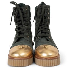 CHANEL green suede & gold leather 20B COMBAT Boots Shoes 37.5