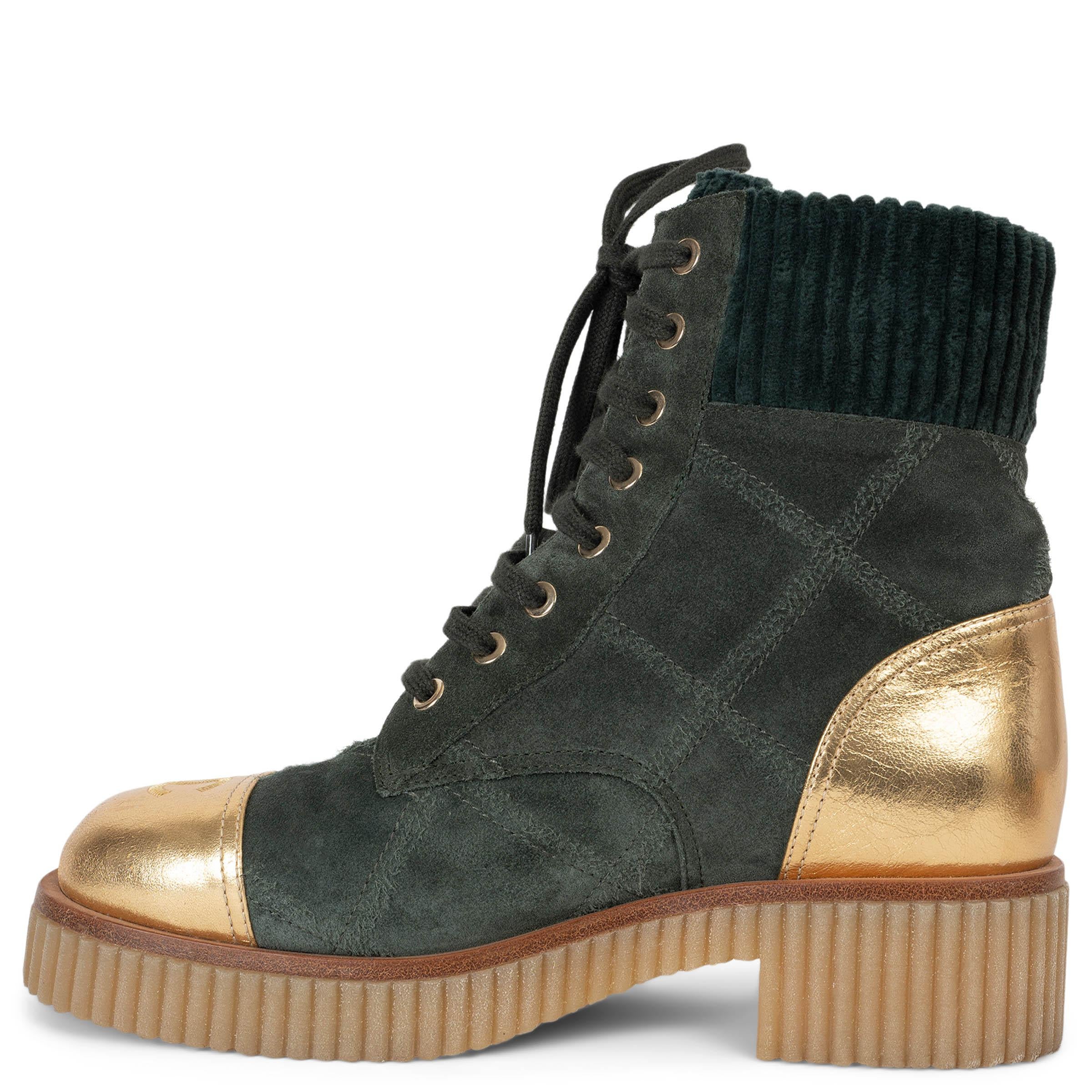 Black CHANEL green suede & gold leather 20B COMBAT Boots Shoes 37.5