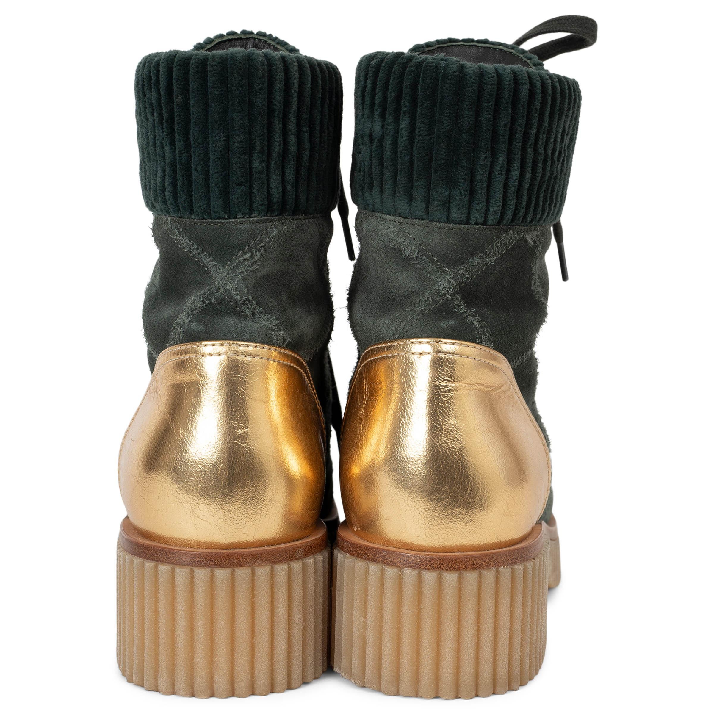 Women's CHANEL green suede & gold leather 20B COMBAT Boots Shoes 37.5