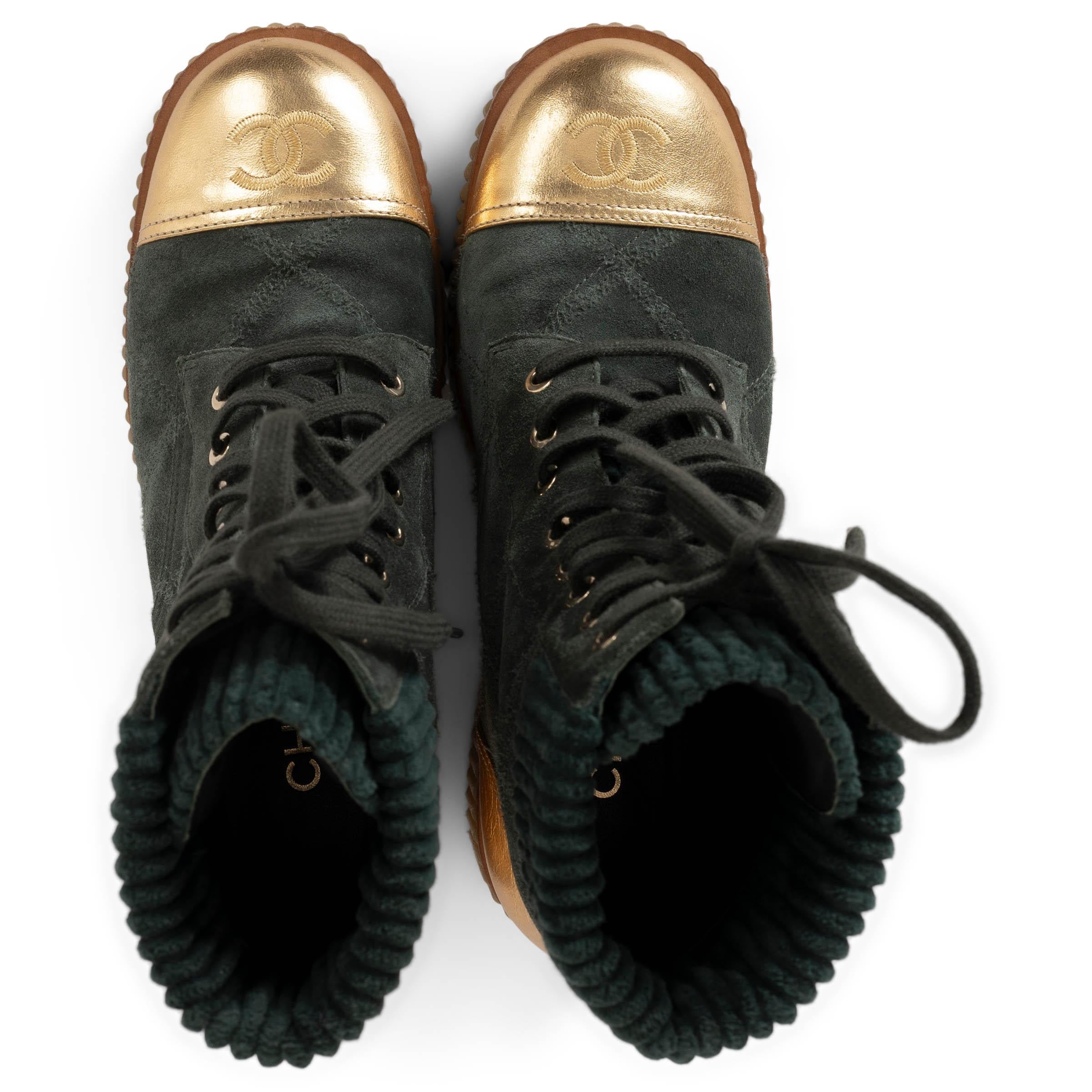 CHANEL green suede & gold leather 20B COMBAT Boots Shoes 37.5 1