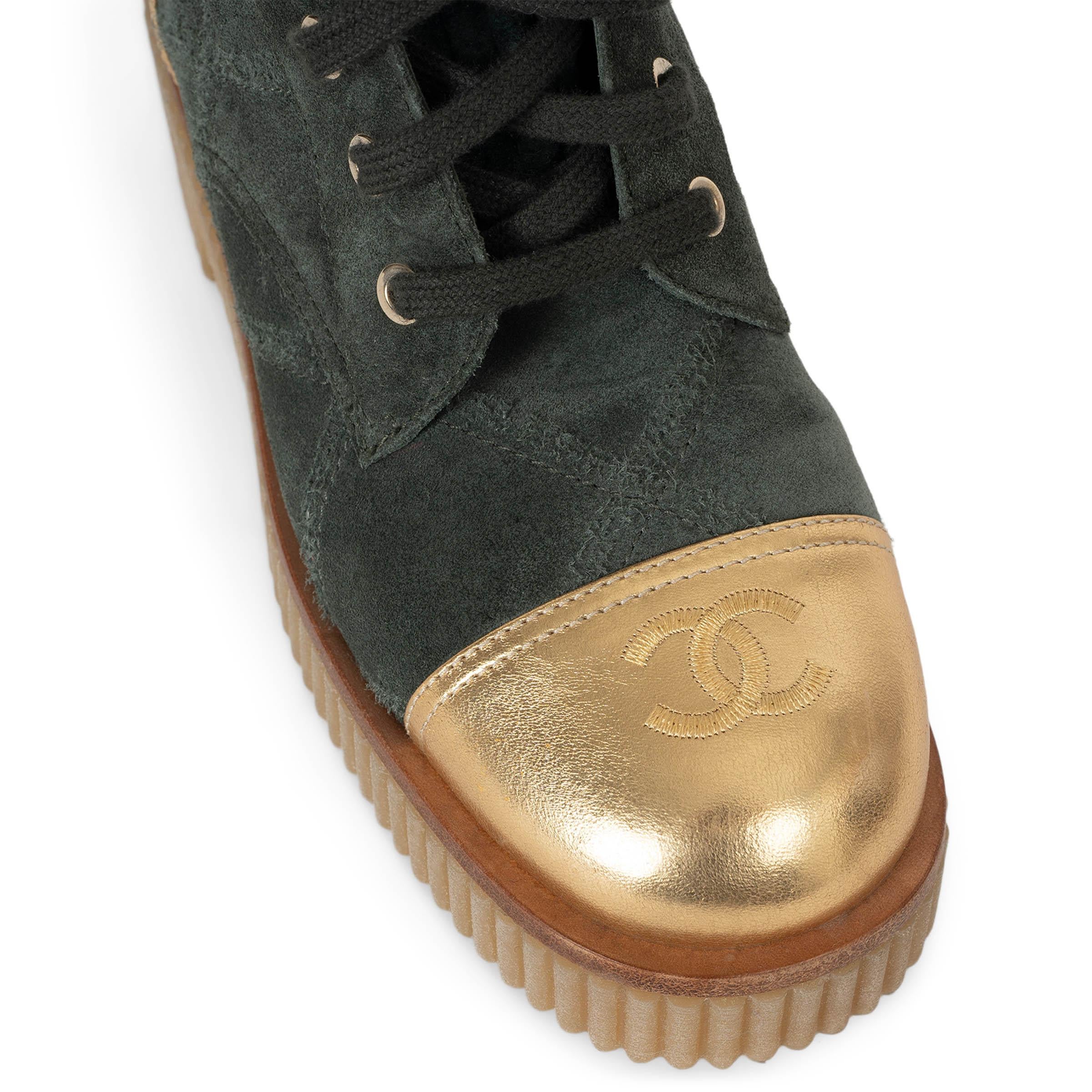 CHANEL green suede & gold leather 20B COMBAT Boots Shoes 37.5 2