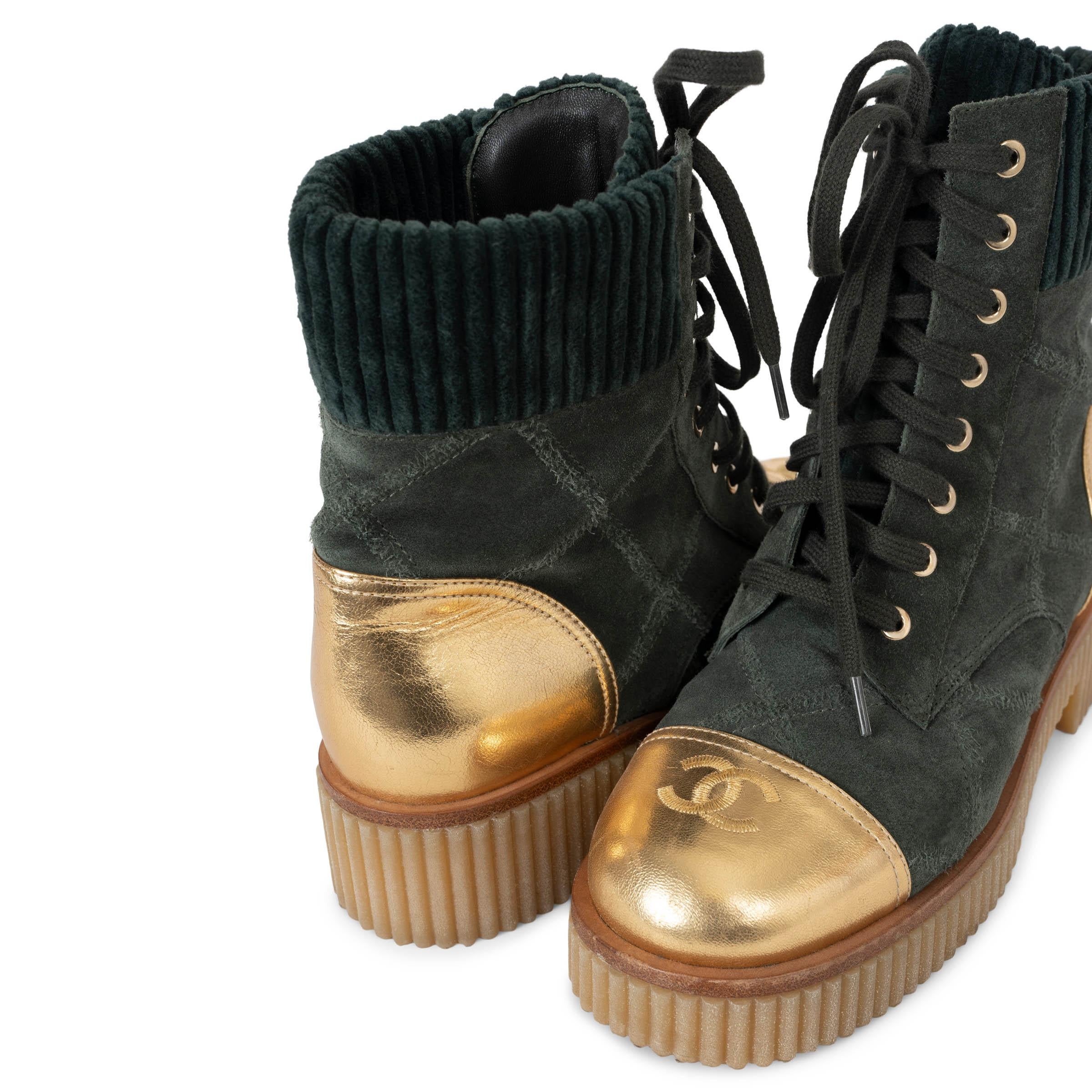 CHANEL green suede & gold leather 20B COMBAT Boots Shoes 37.5 3