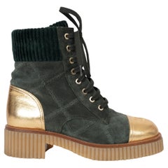 CHANEL green suede & gold leather 20B COMBAT Boots Shoes 37.5