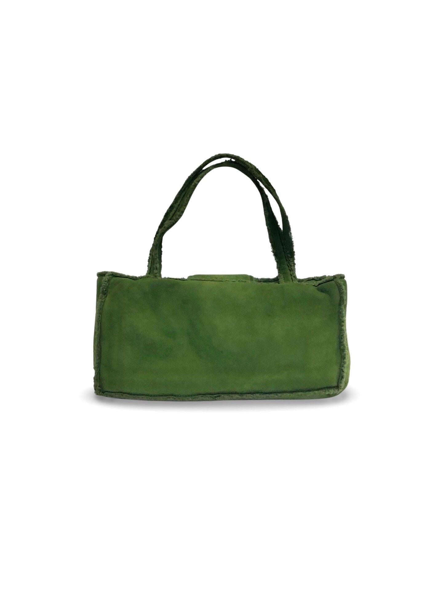 Chanel Green  Suede Shearling Trim CC Turnlock Shoulder Handbag In Excellent Condition For Sale In Sheung Wan, HK