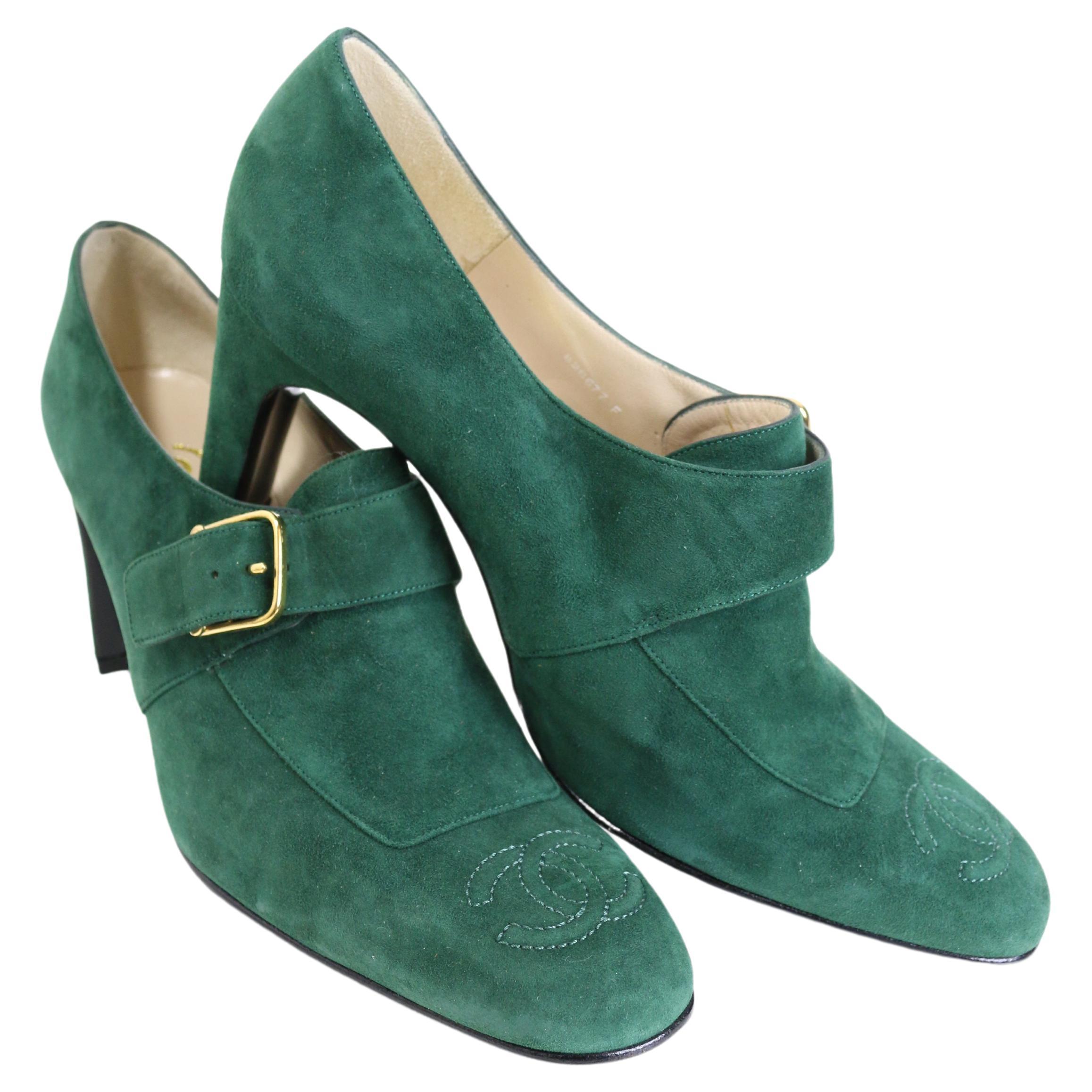 Chanel Green Suede Square Toe Ankle Strap Heels  For Sale