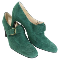Vintage Chanel Green Suede Square Toe Ankle Strap Heels 