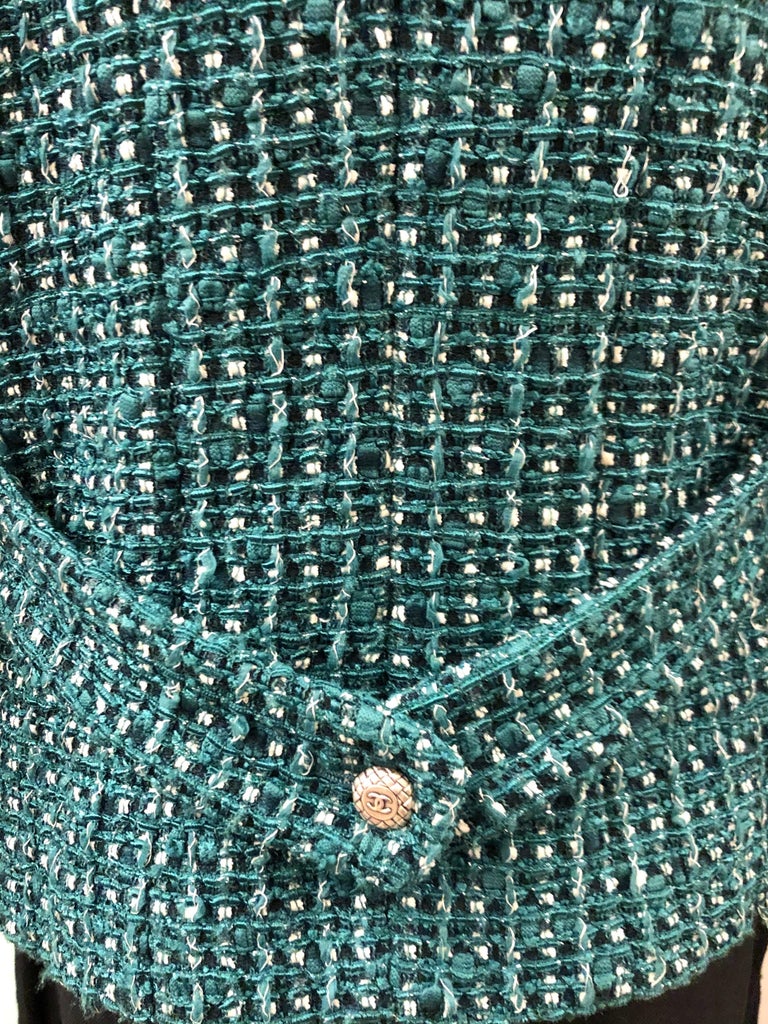 Chanel Green Tweed 3/4 Length Sleeves Jacket For Sale at 1stDibs