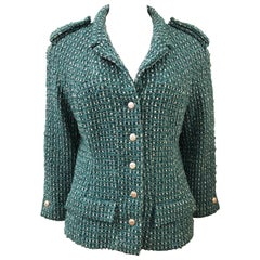 Chanel Green Tweed 3/4 Length Sleeves Jacket 