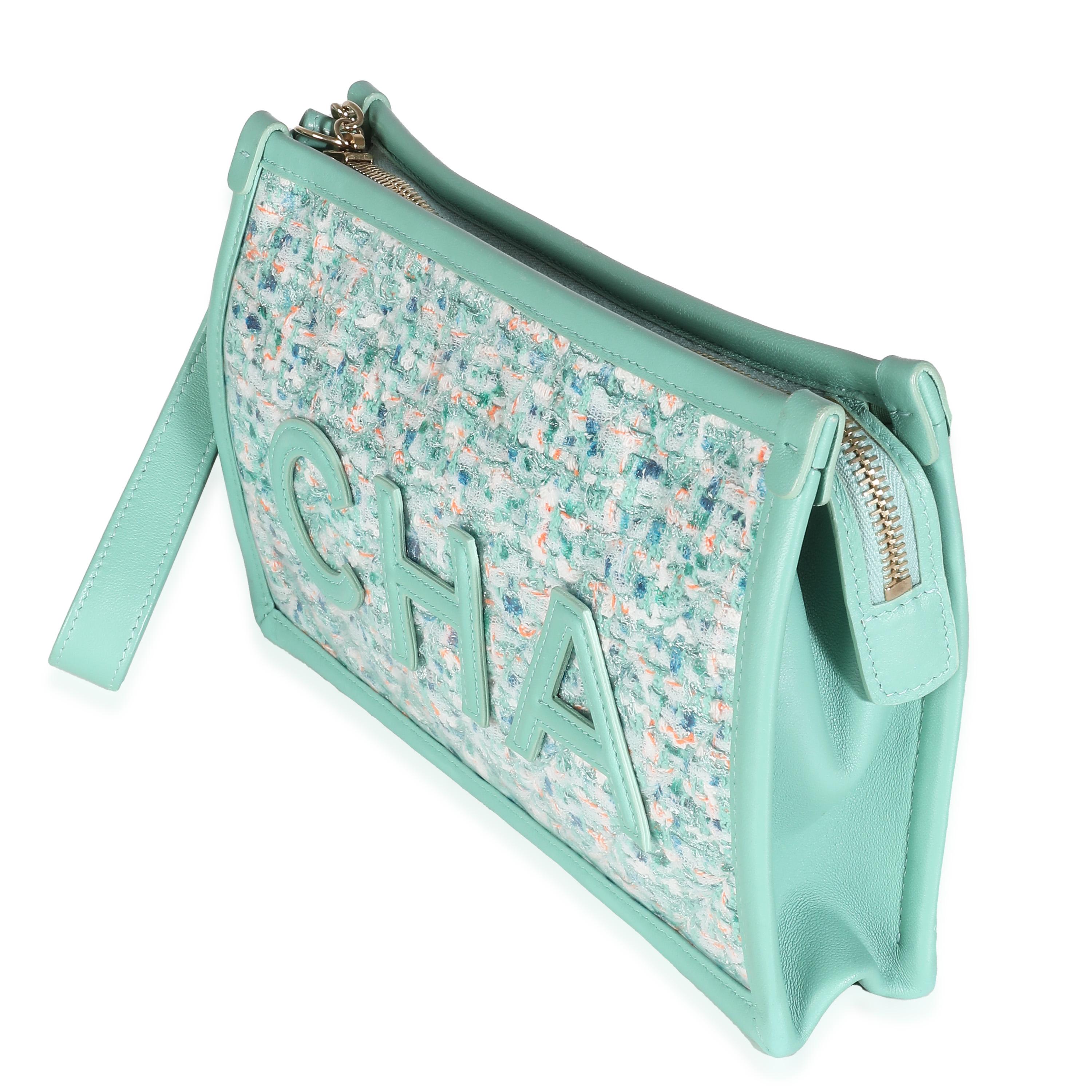 Women's Chanel Green Tweed PVC Lambskin Chanel Logo Wristlet Pouch For Sale